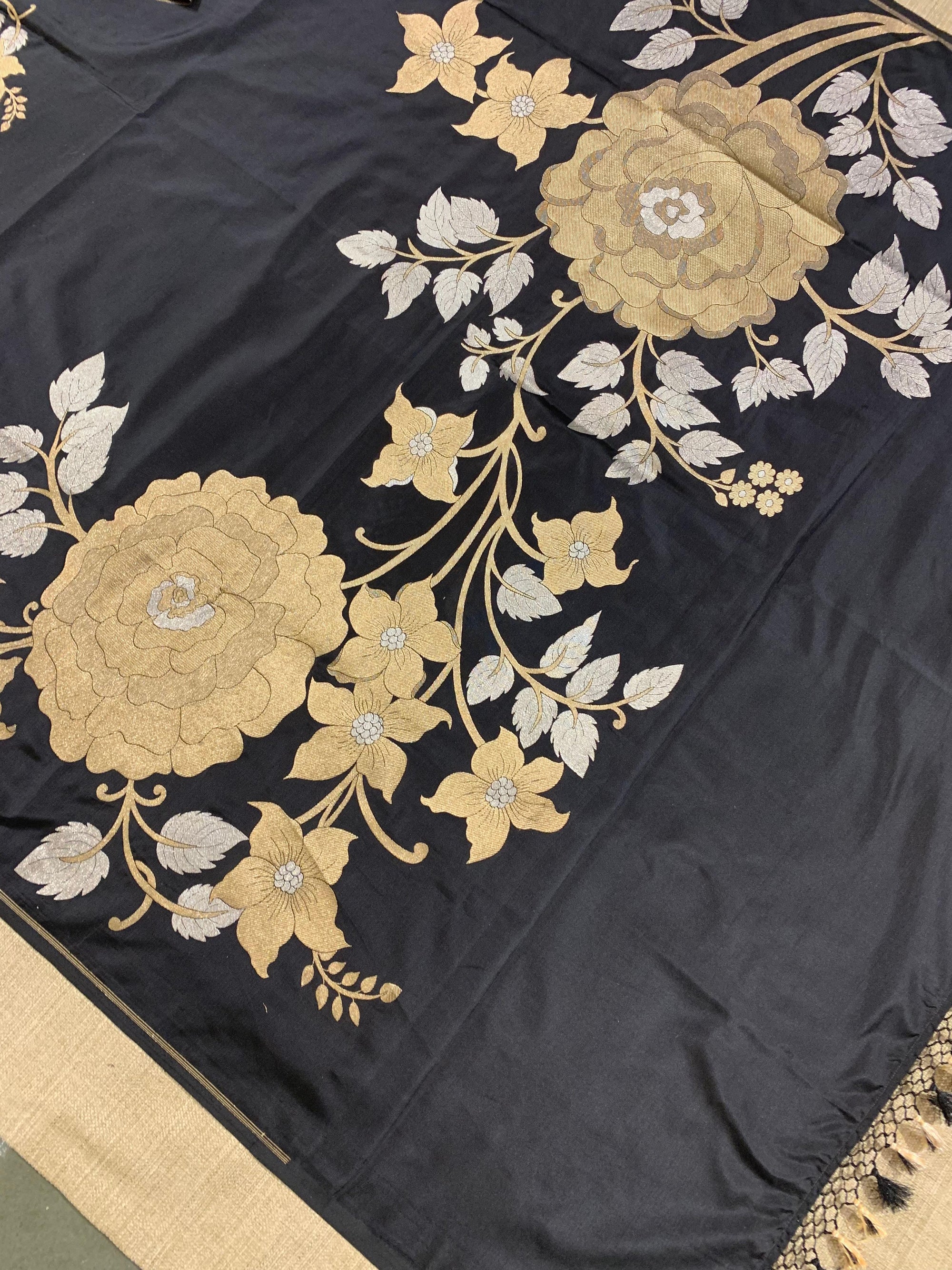 Black and Antique Gold Designer Banarasi Silk Saree