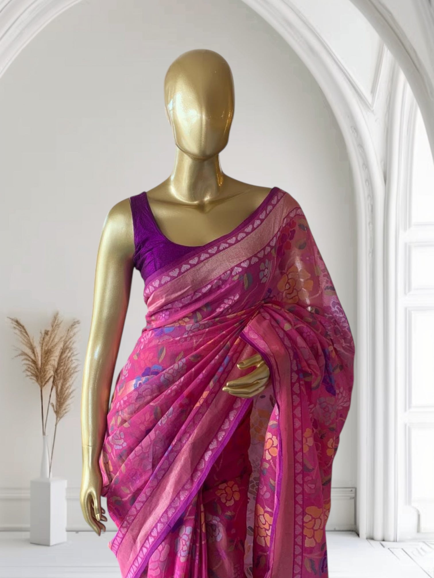 Pink Real Zari Jamdani Saree