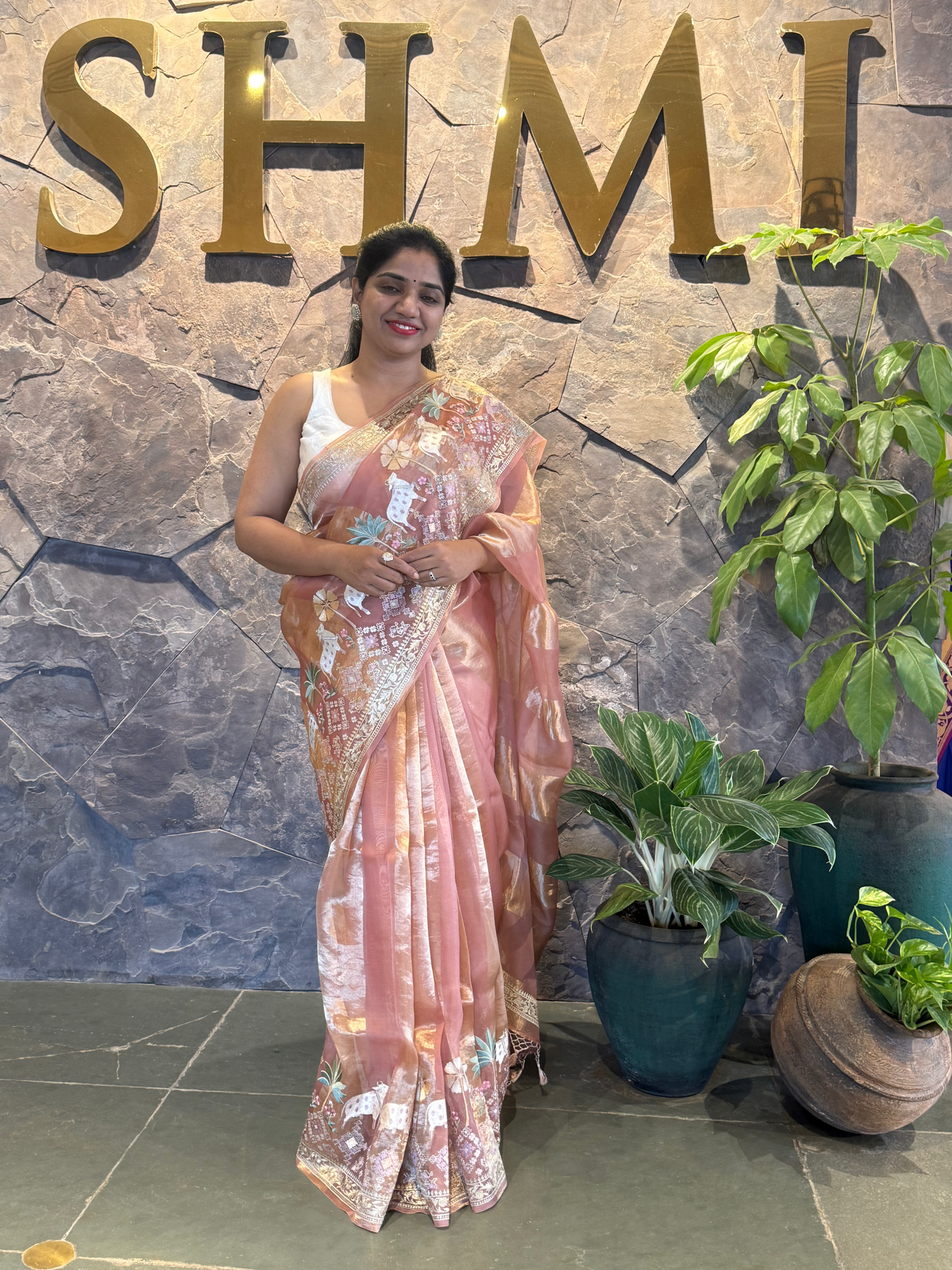 Onion Pink Kora Tissue Stripes with Pichwai & Jamdani Inspired Embroidery