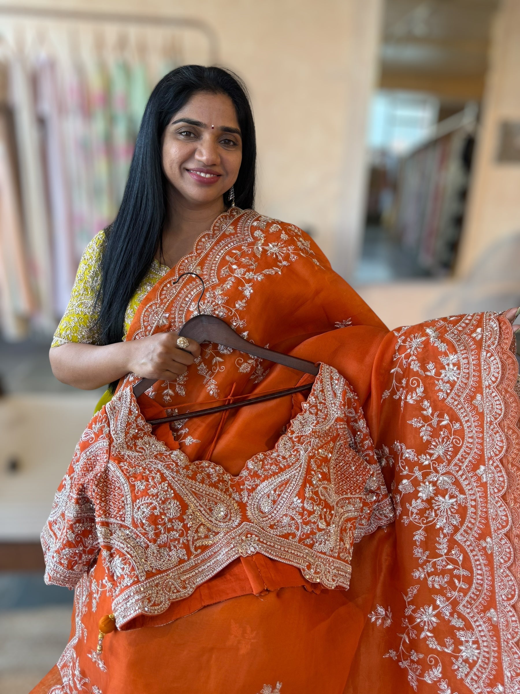 Orange Organza Handwork Saree