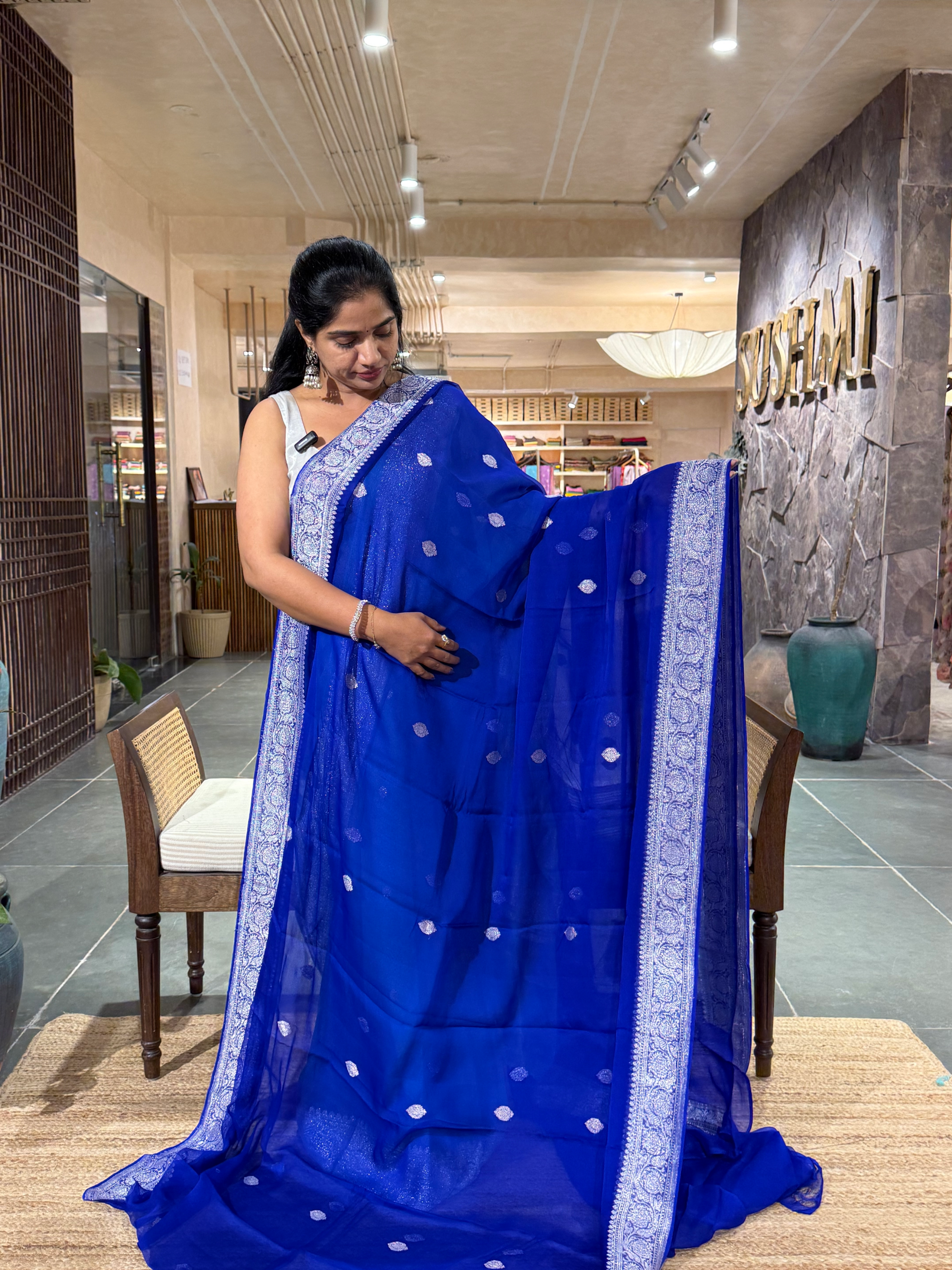 Royal Blue Banarasi Handloom Khaddi Chiffon Saree with silver