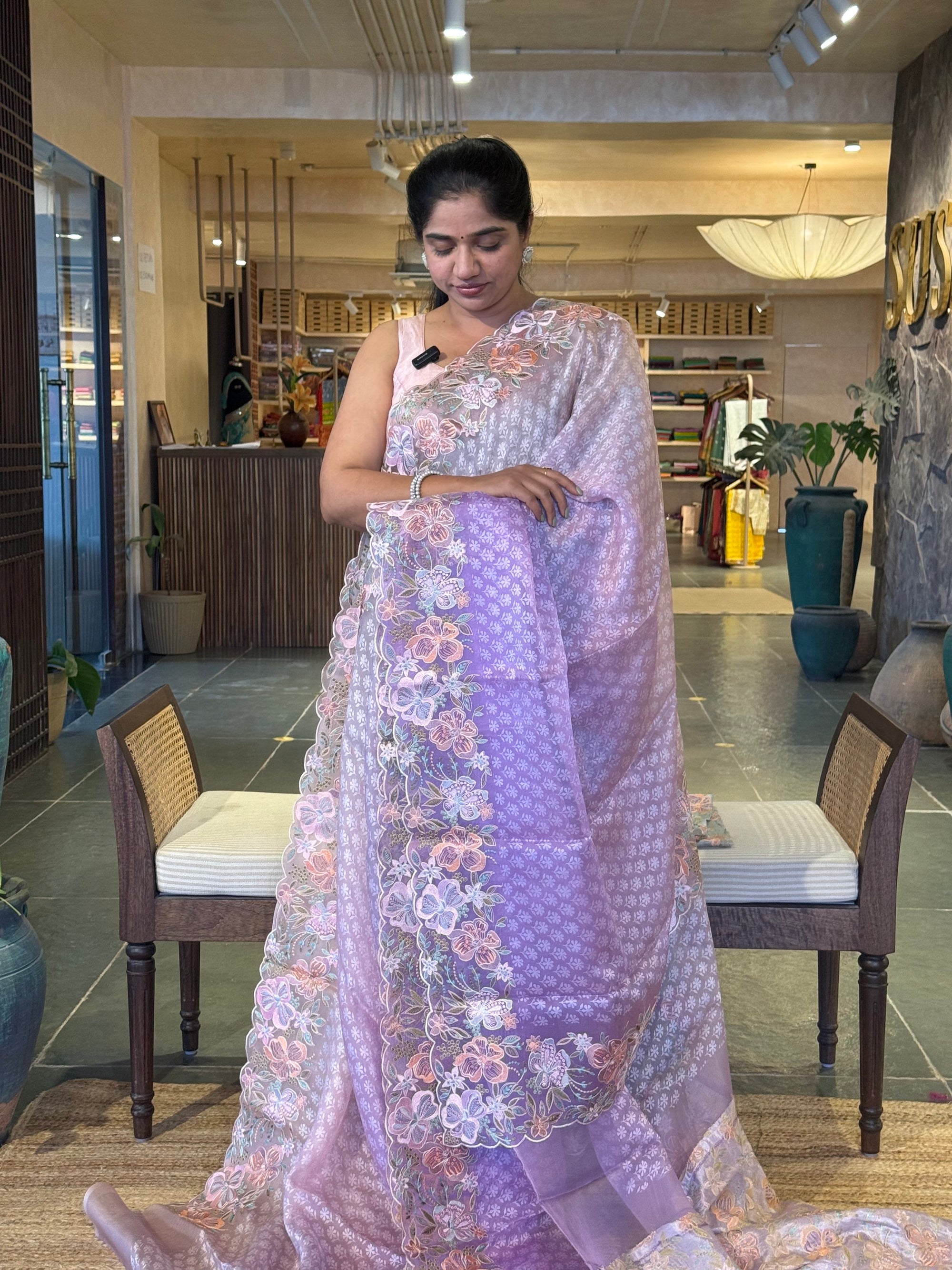 Lilac Pure Organza Brasso Saree with Stunning Embroidered Border and Blouse