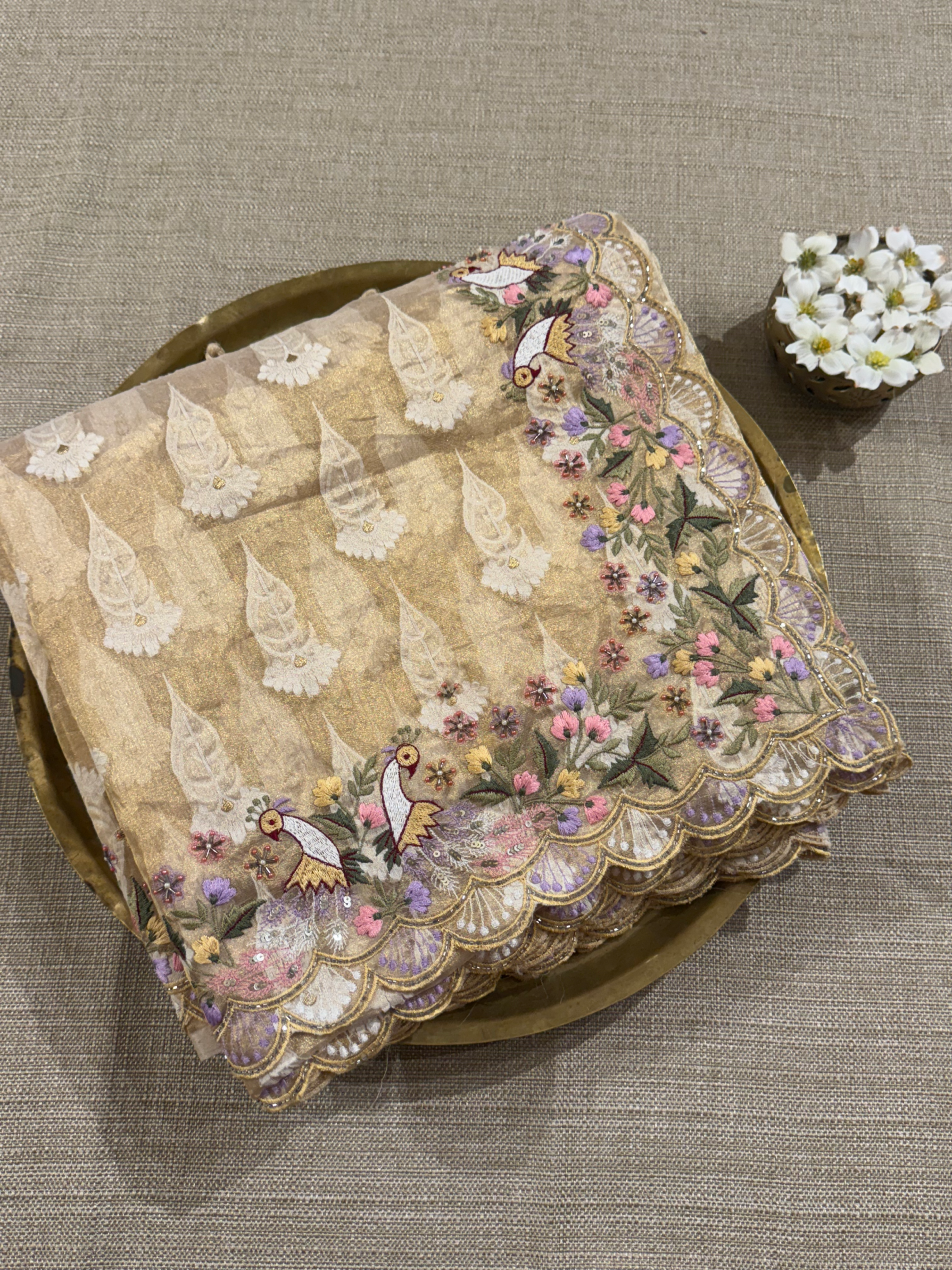 GTEA2002 : Pure Handloom Gold Tissue Saree With handwork borders and blouse