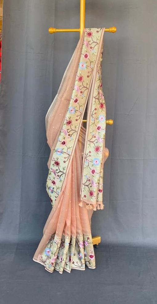 KTPA1410 Peach Kota Tissue Stripes Saree with Tissue Pythani Skirt Border