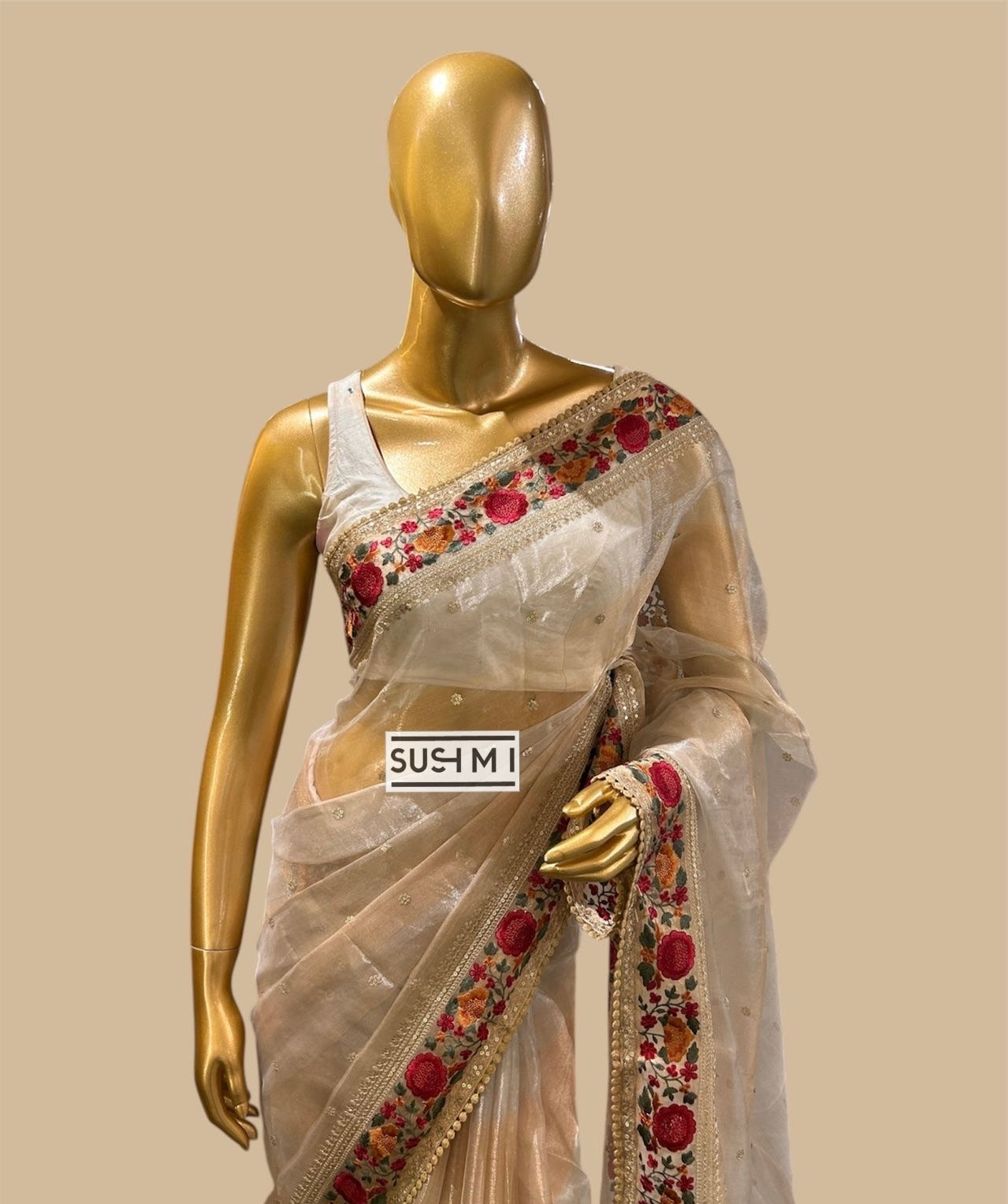 Pure Tissue Saree with silver and golden zari wide stripes & Embroidered Borders