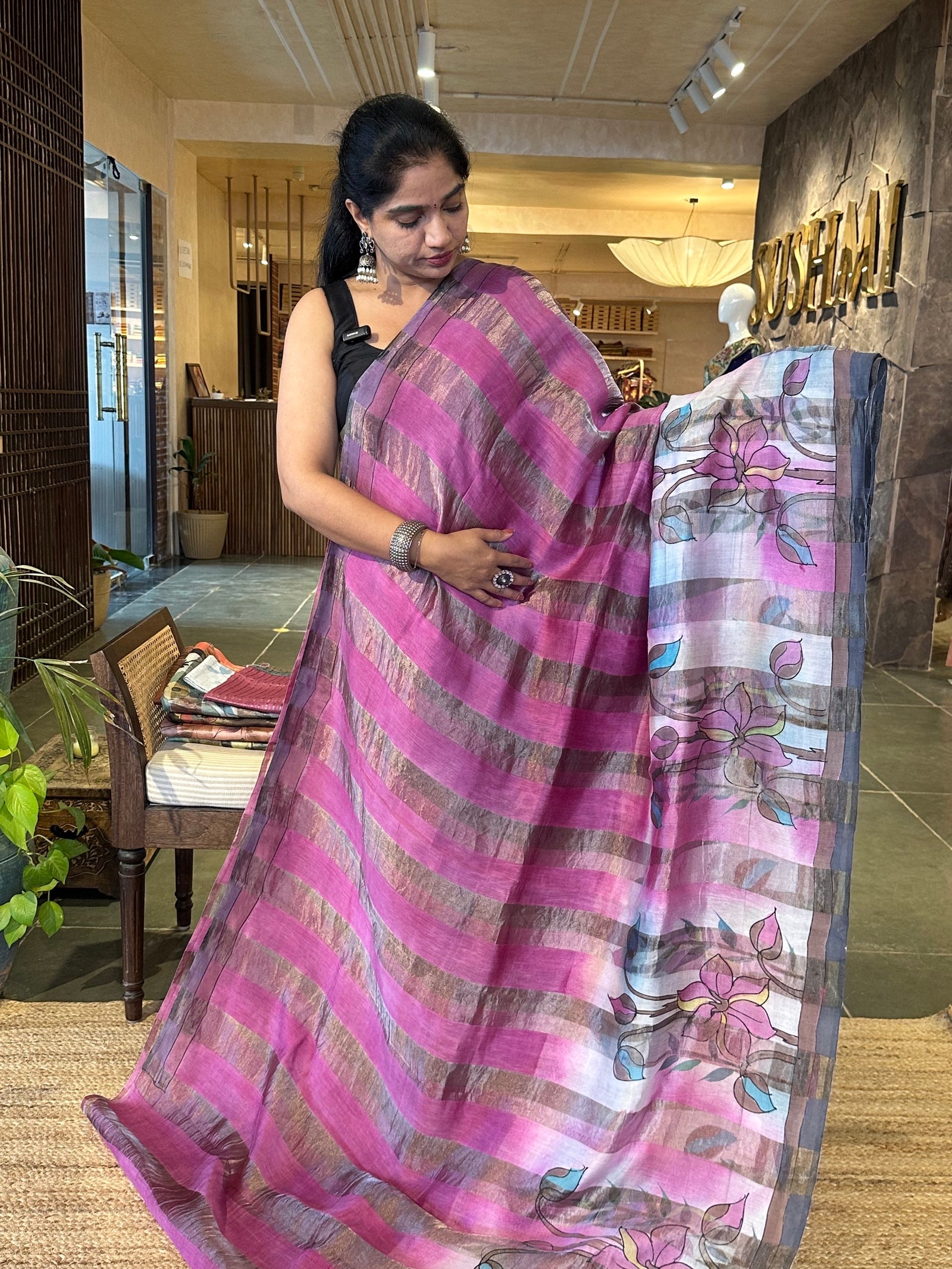 Pure Handloom Banarasi Munga Tissue  Saree with handpainting