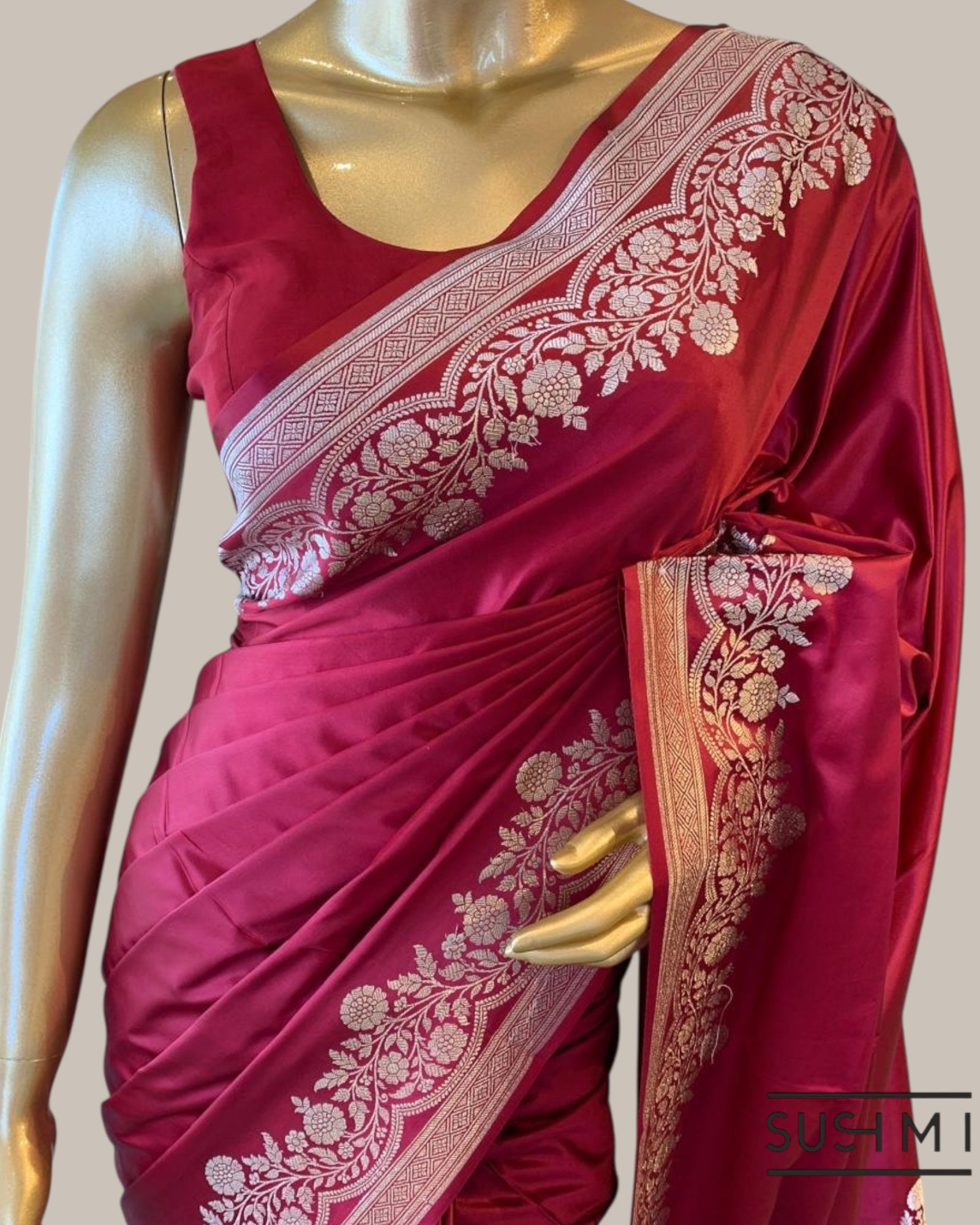Burgundy Mashru Silk Saree With Straight and Scalloped Border
