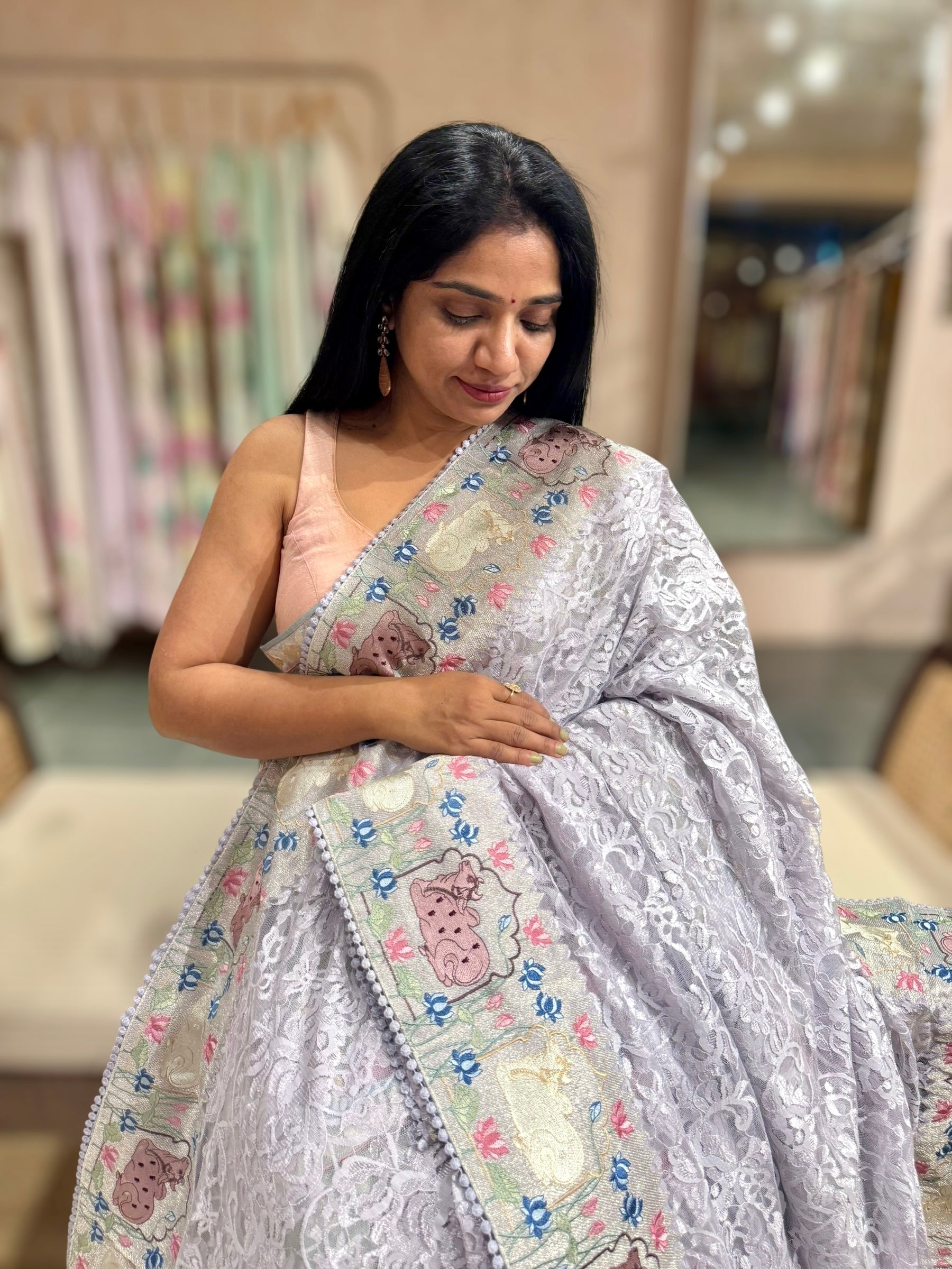 Light Lilac Chantilly Lace Saree With Tissue Nandi  Embroidered Border