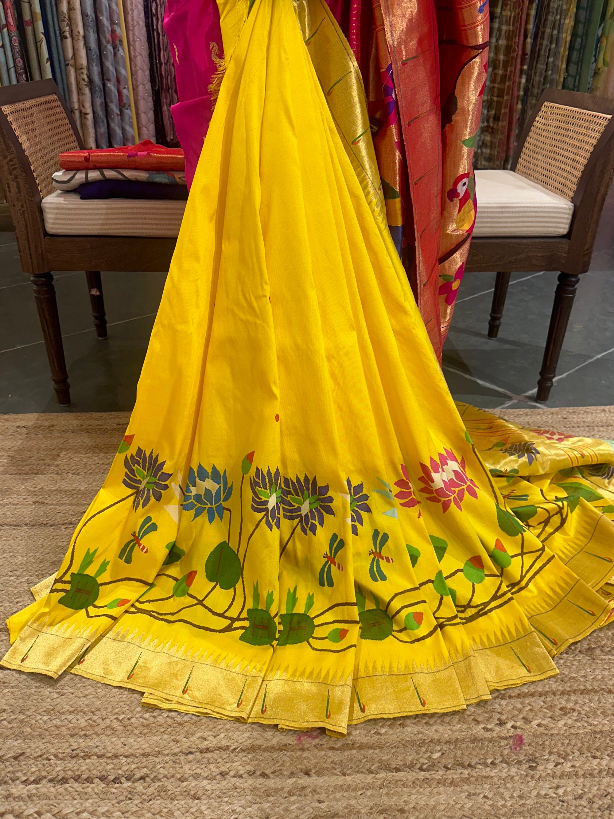 Mango Yellow half allover Pure Paithani saree