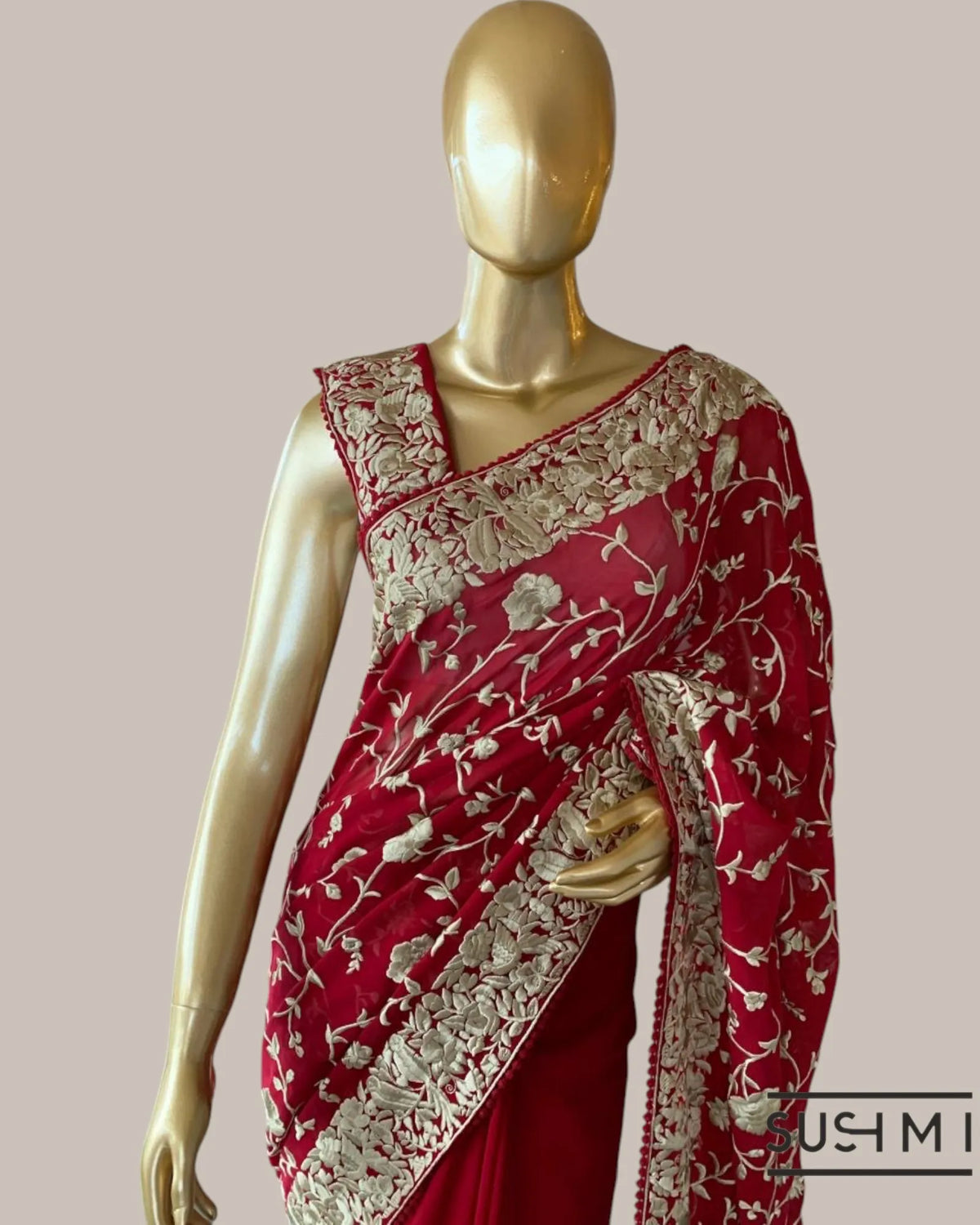 Ruby Pink Pure Gorgette Saree With Parsi Gara Style Allover Embroidery   Origina