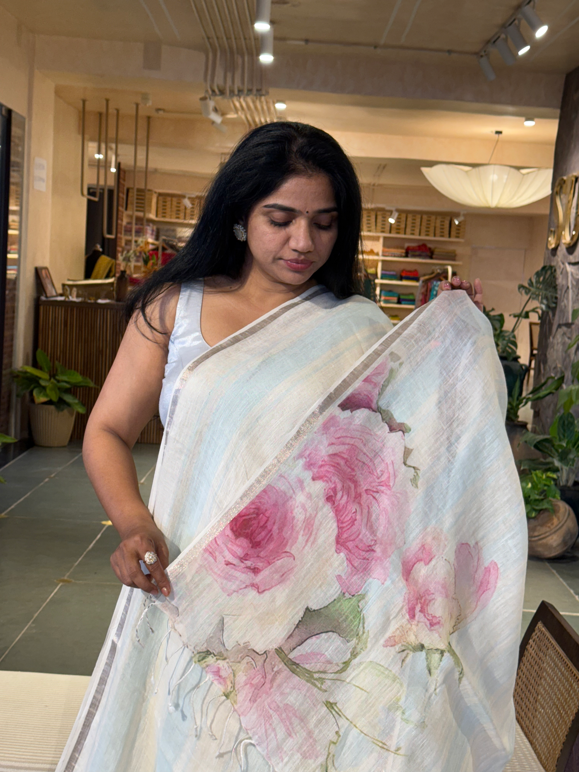 Ivory & SkyBlue Handloom Lenin Striped Saree With Statement Rose Flower Pallu