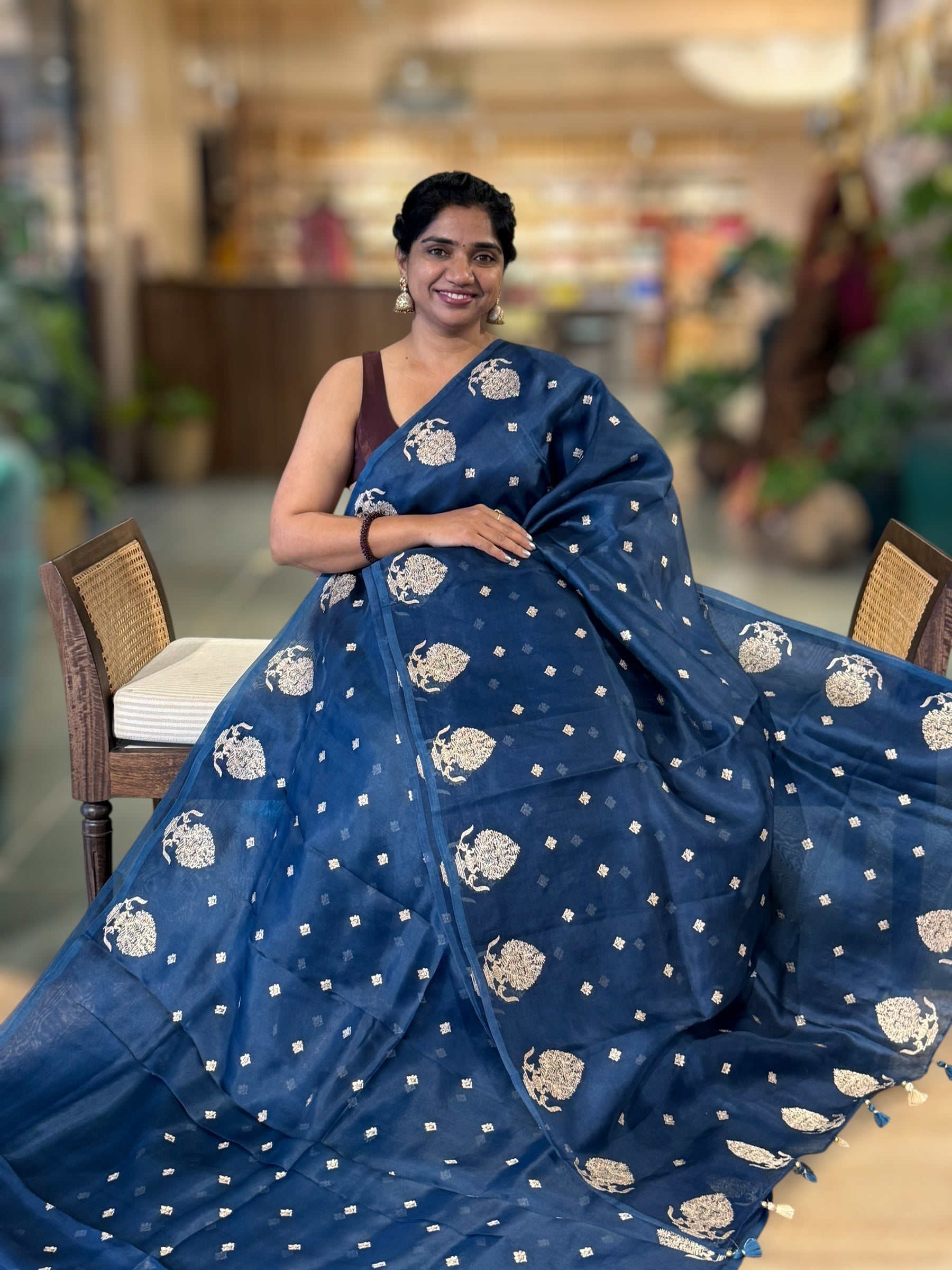 Midnight Blue Organza Saree With Embroidered Motifs & Tussar Printed Blouse