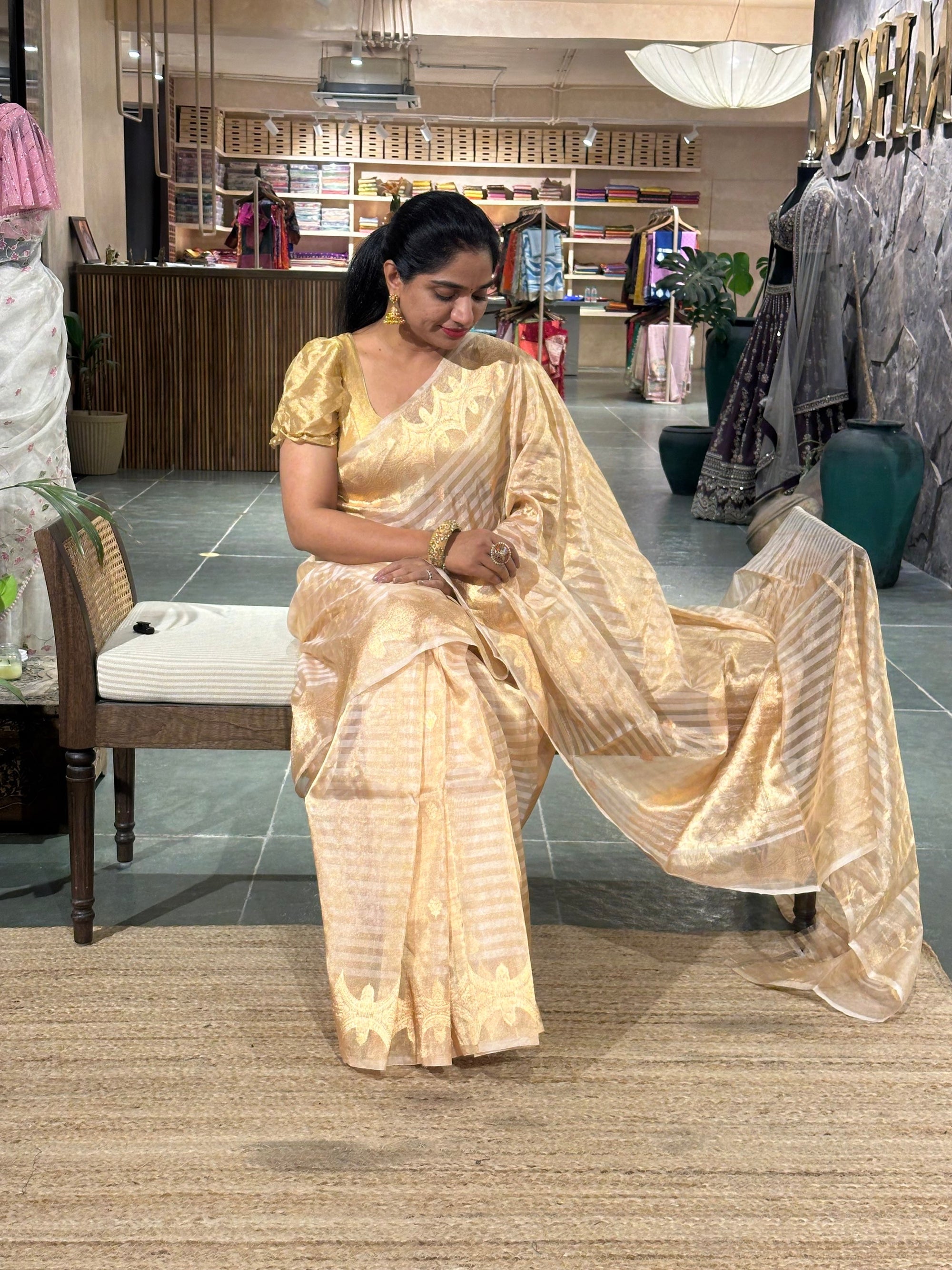 Beige Gild Banarasi Tissue Saree with Kaduwa woven motifs