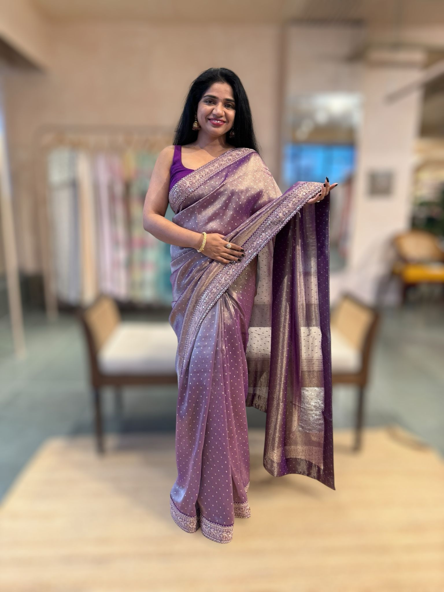 PurpleTissue Gorgette saree witj sabyasachi borders and allover pitawork blouse