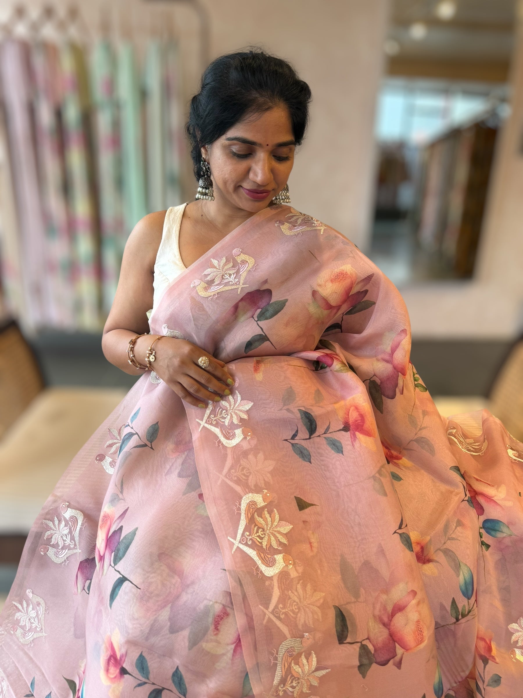 Nude PinkFloral Printed Pure Organza Saree With Birds  Embroidered Motif  Border