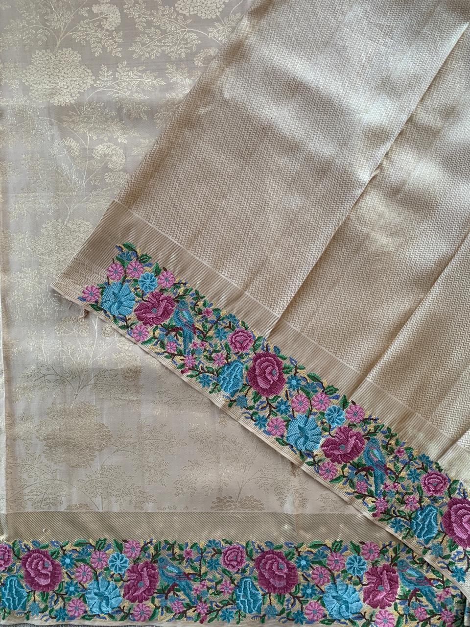 Wheat Tone  Pure  Kanchi Brocade Saree with Petite Point Embroidery