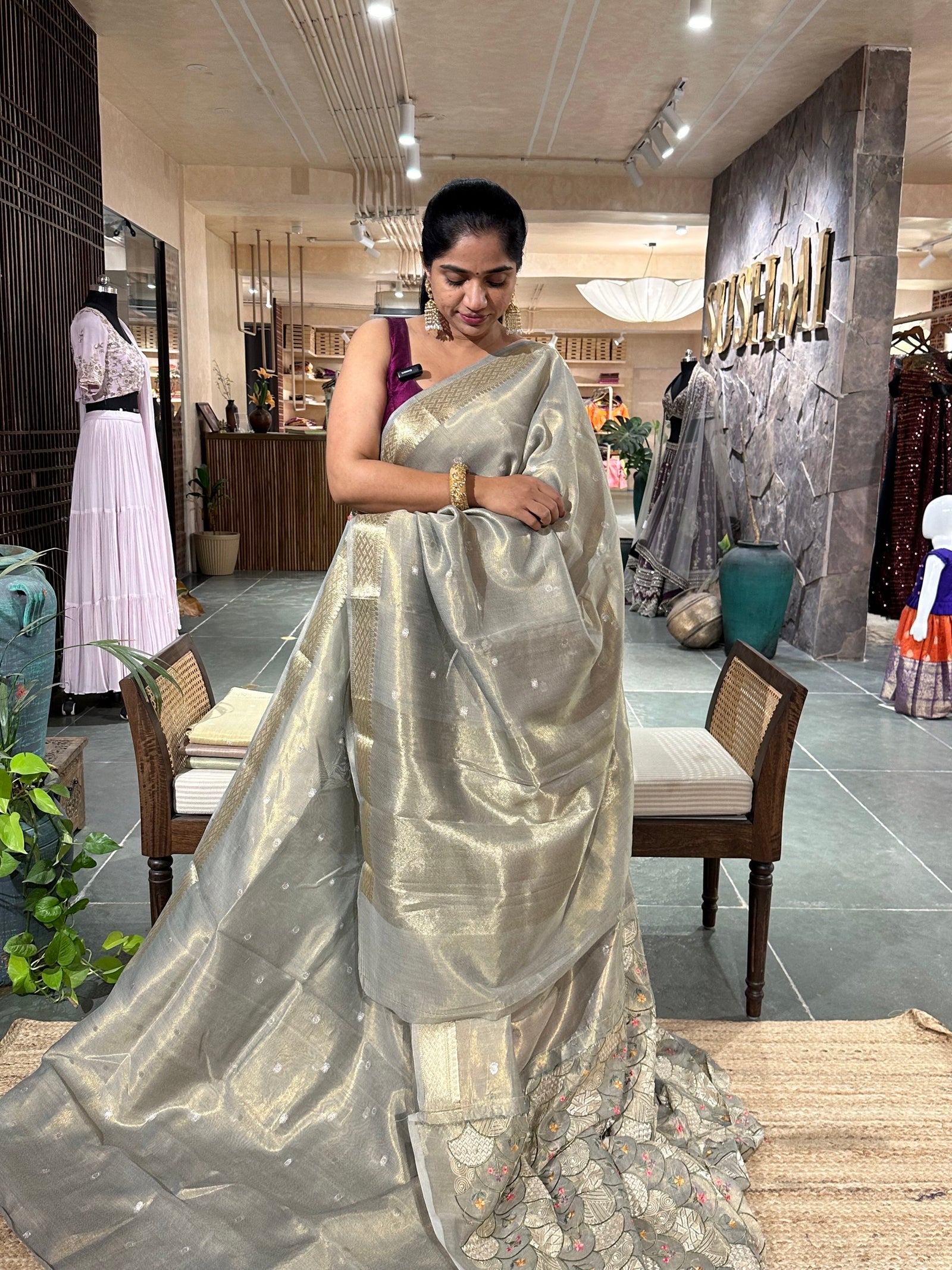 Bluish Grey  Cotton Tissue Saree with allover  Embroidery Blouse