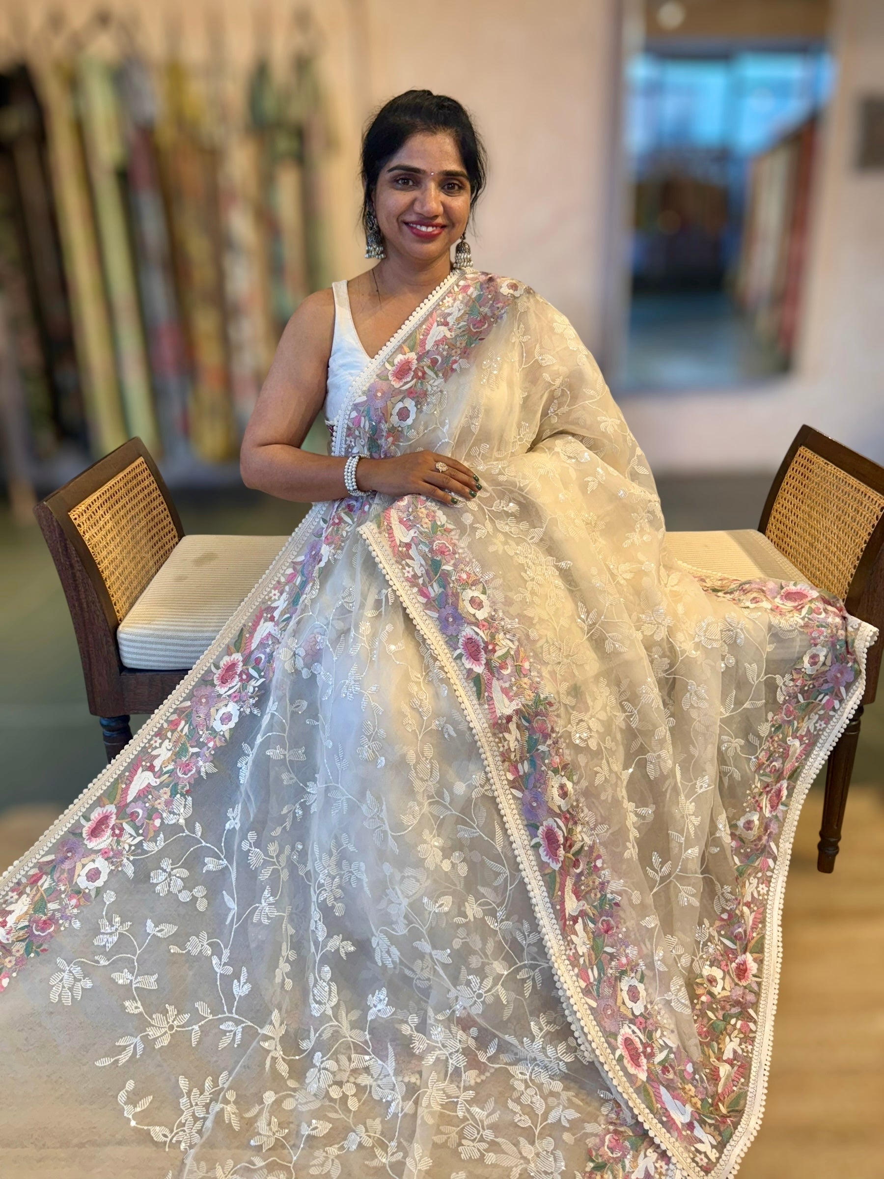 Ivory Organza Saree with Allover Floral Sequence Work & Parsi Embroidered Border