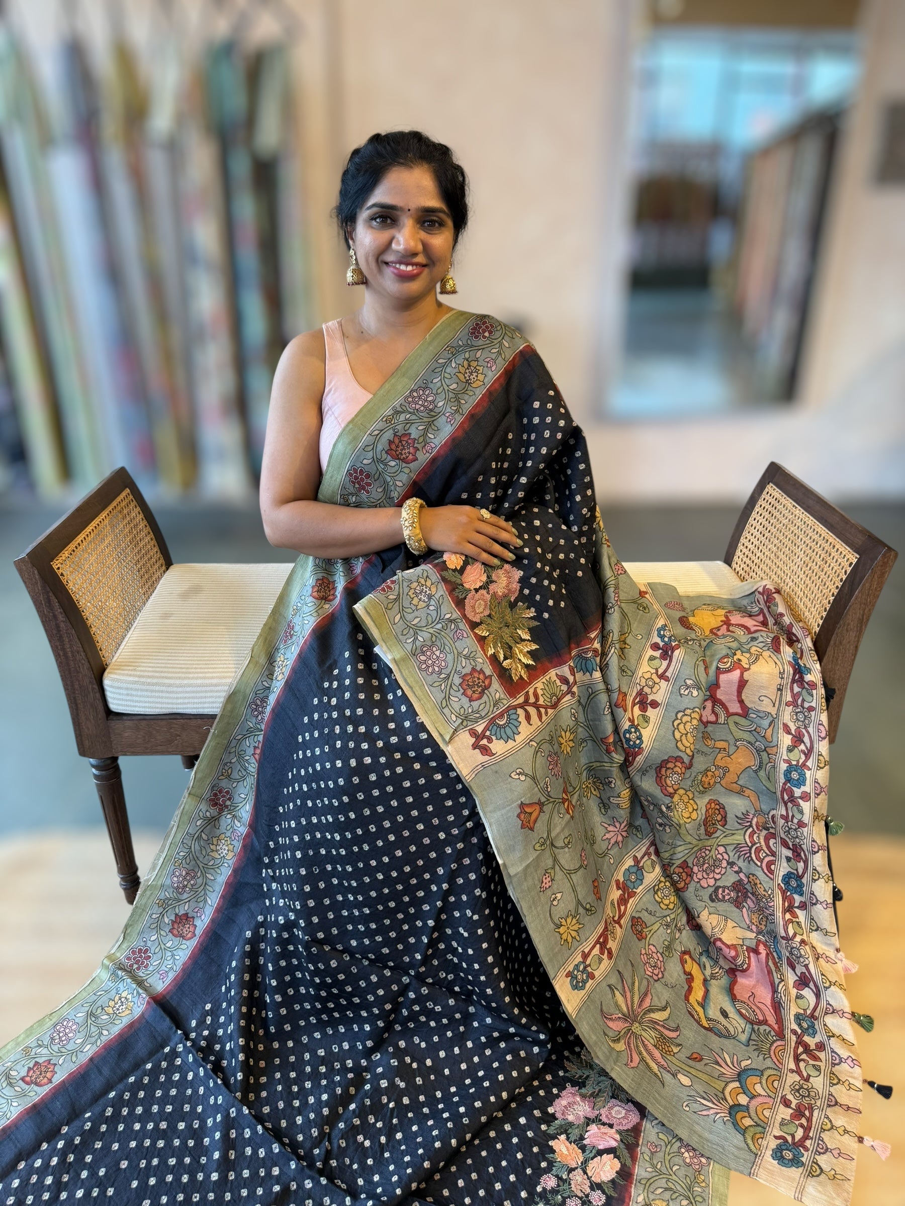 Black Tussar Bandhini Saree With Pen kalamkari Border & Petite Point Emb Blouse