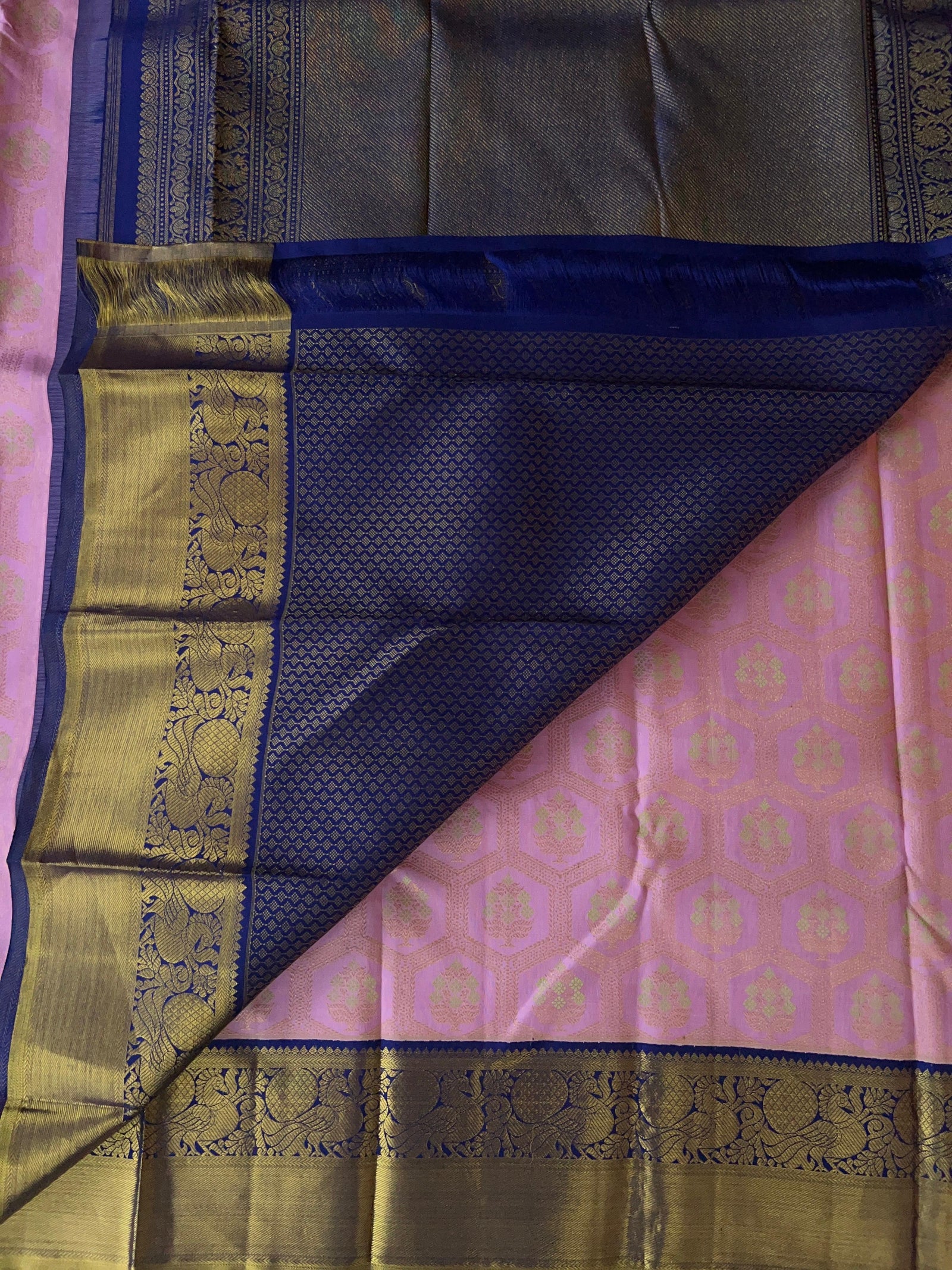 Pure Kanchi Pattu Saree – Baby Pink with Midnight Blue