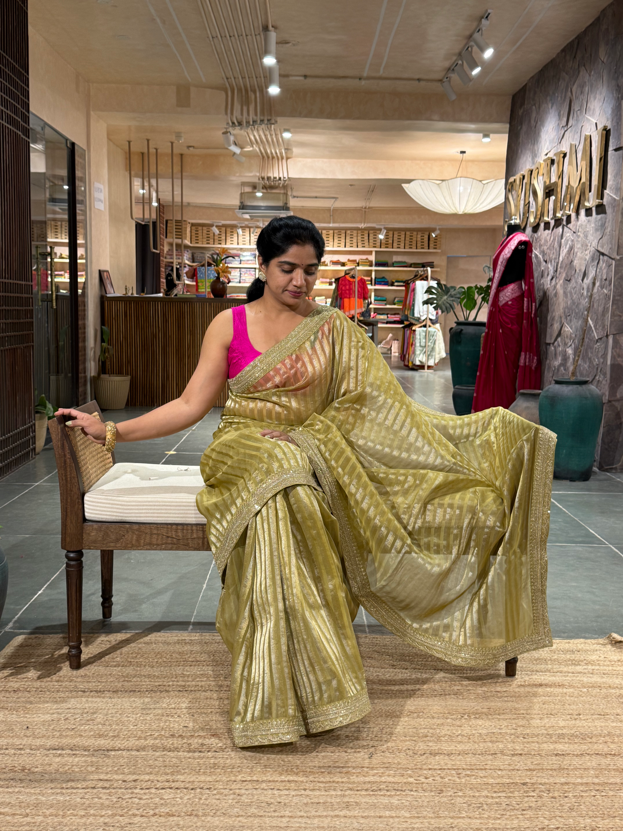SKTSA601 : Pista Kora Tissue Stripes Saree wth Sabhyasachi borders & Blouse