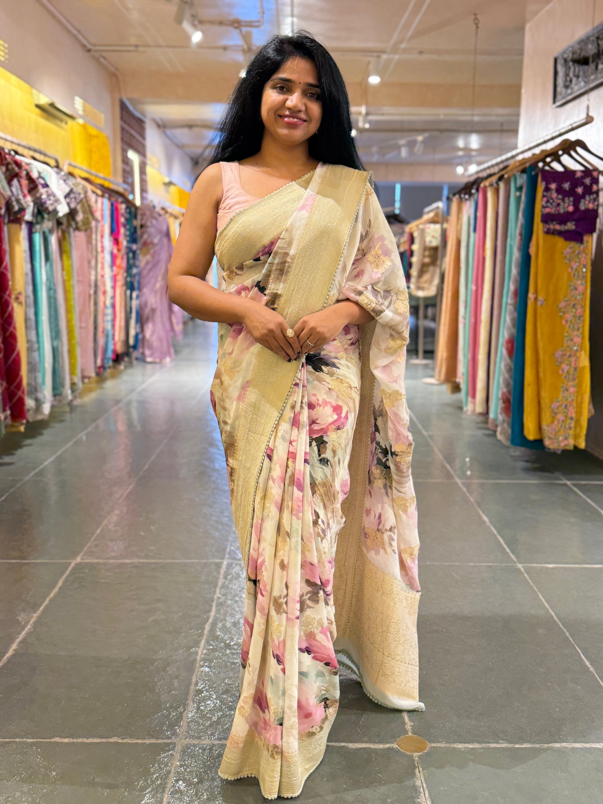 Banarasi Khaddi Gorgette Sarees with Floral Prints hemlined with crotia lace
