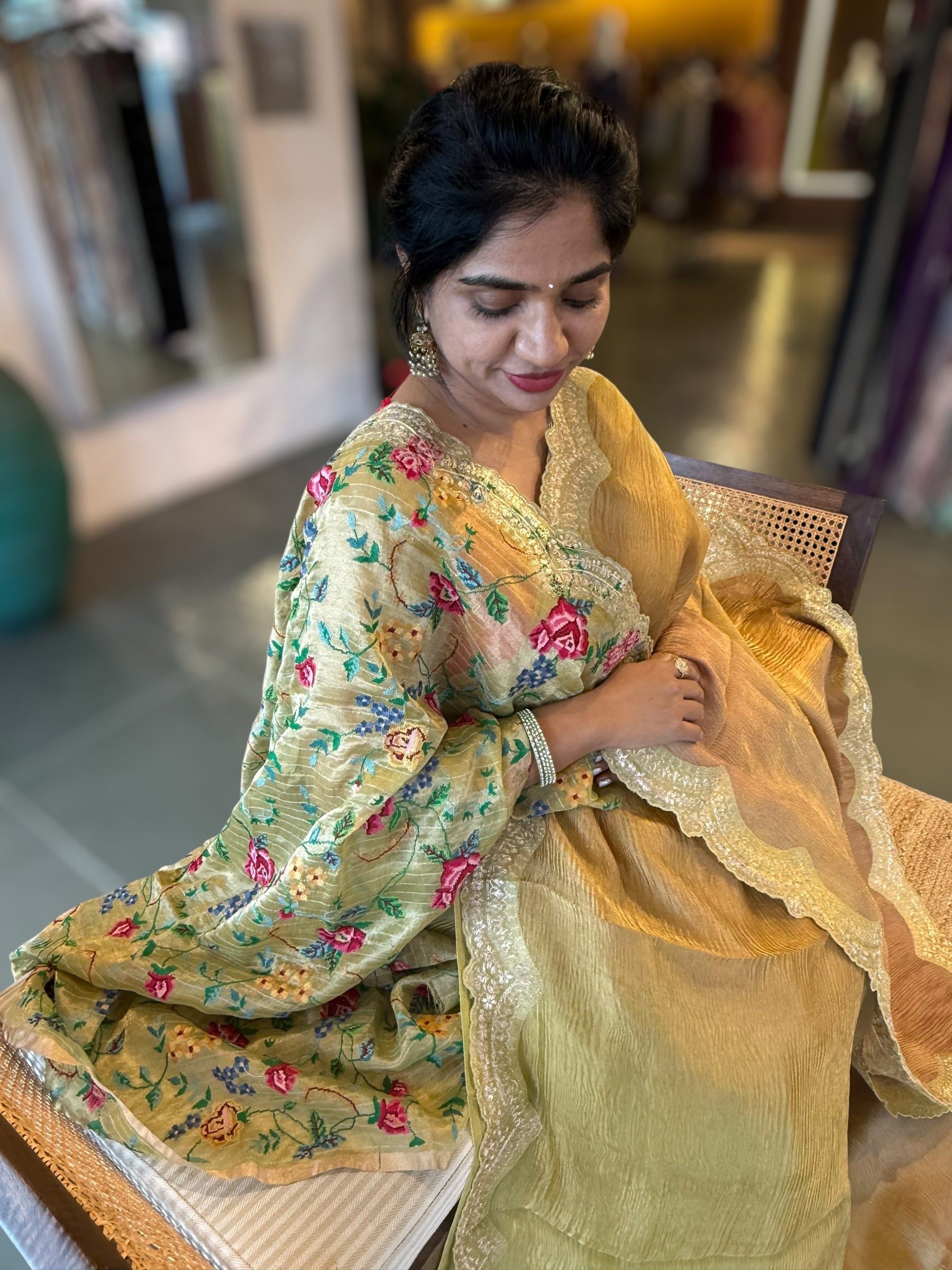 Ombre Dyed Crush Tissue Saree With Pitawork Border & Petite Point Embroidered BP