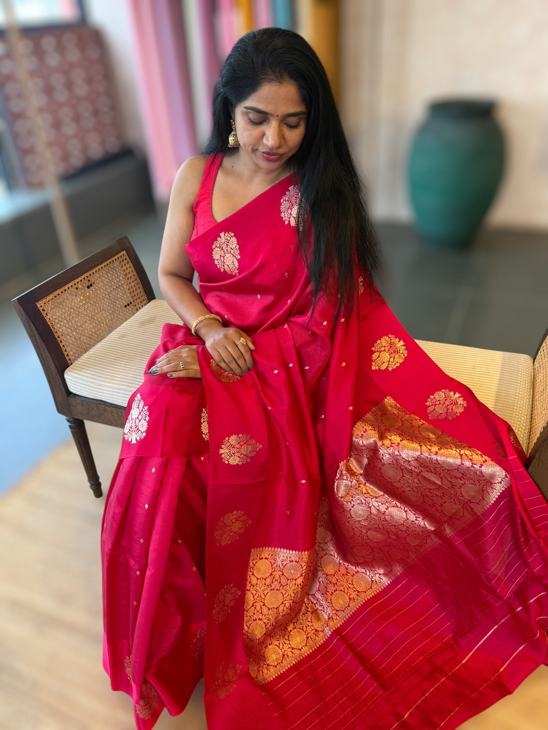 Ruby Pink Banarasi Raw Mango Silk Saree with Open Borders & Kaduwa Woven Motifs