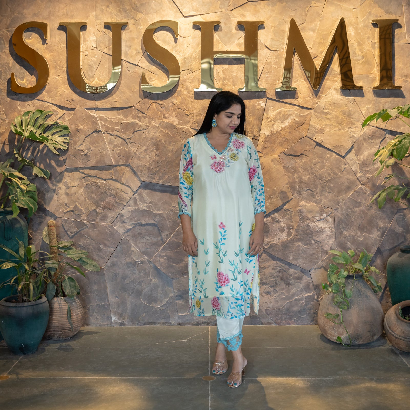 Pure Chinnon printed coordset with handwork