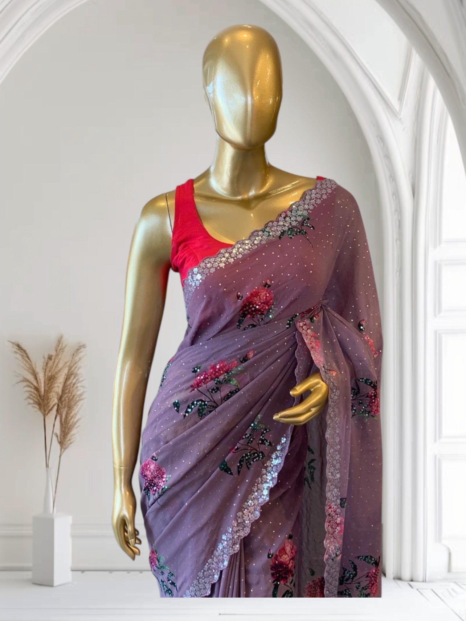 Dark Mauve Gorgette Printed Saree with sequnce border