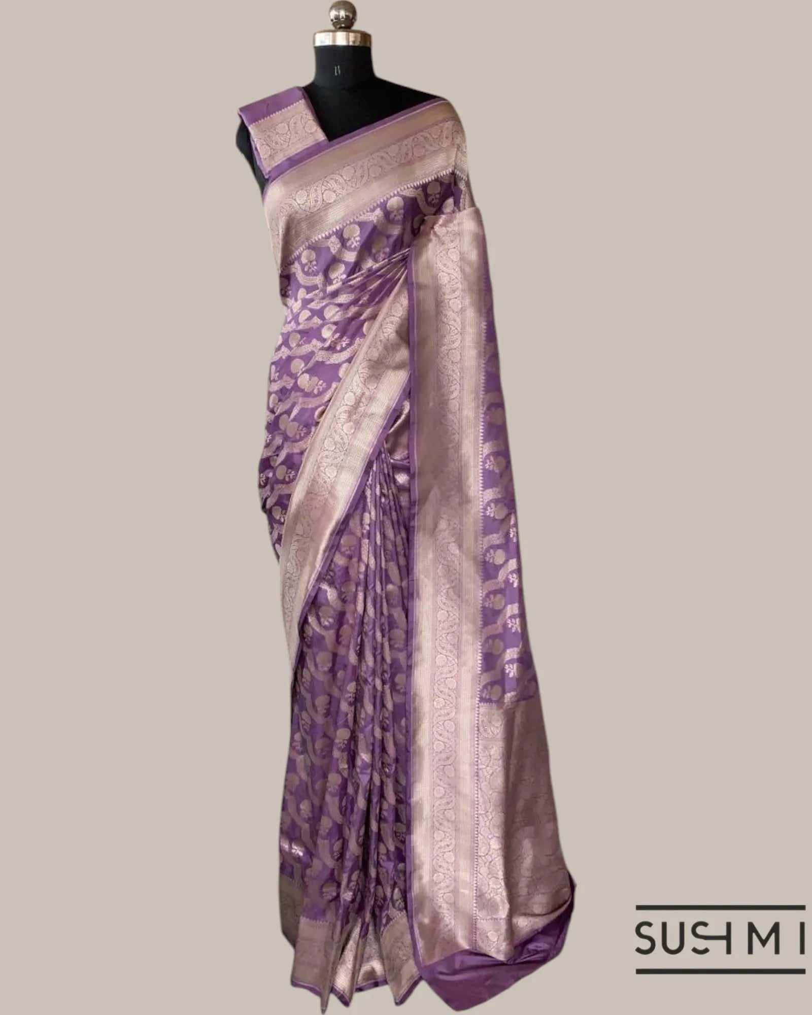 Lilac Banarasi Katan Silk Saree with diagonal pattern scallop floral creeper wit