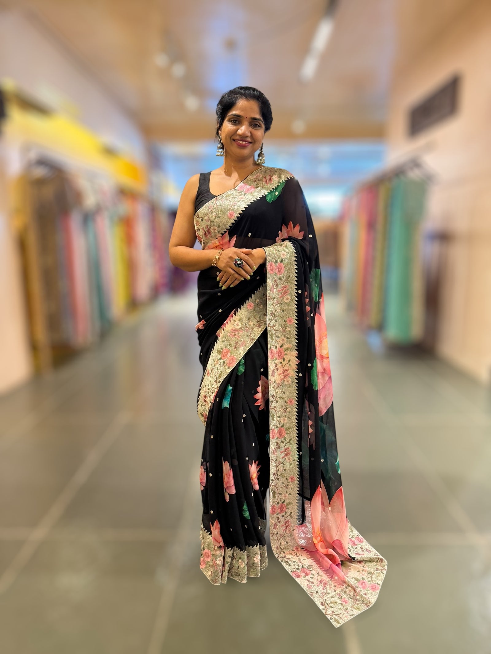 Black Printed Gorgette Saree With Tissue Embroider Border