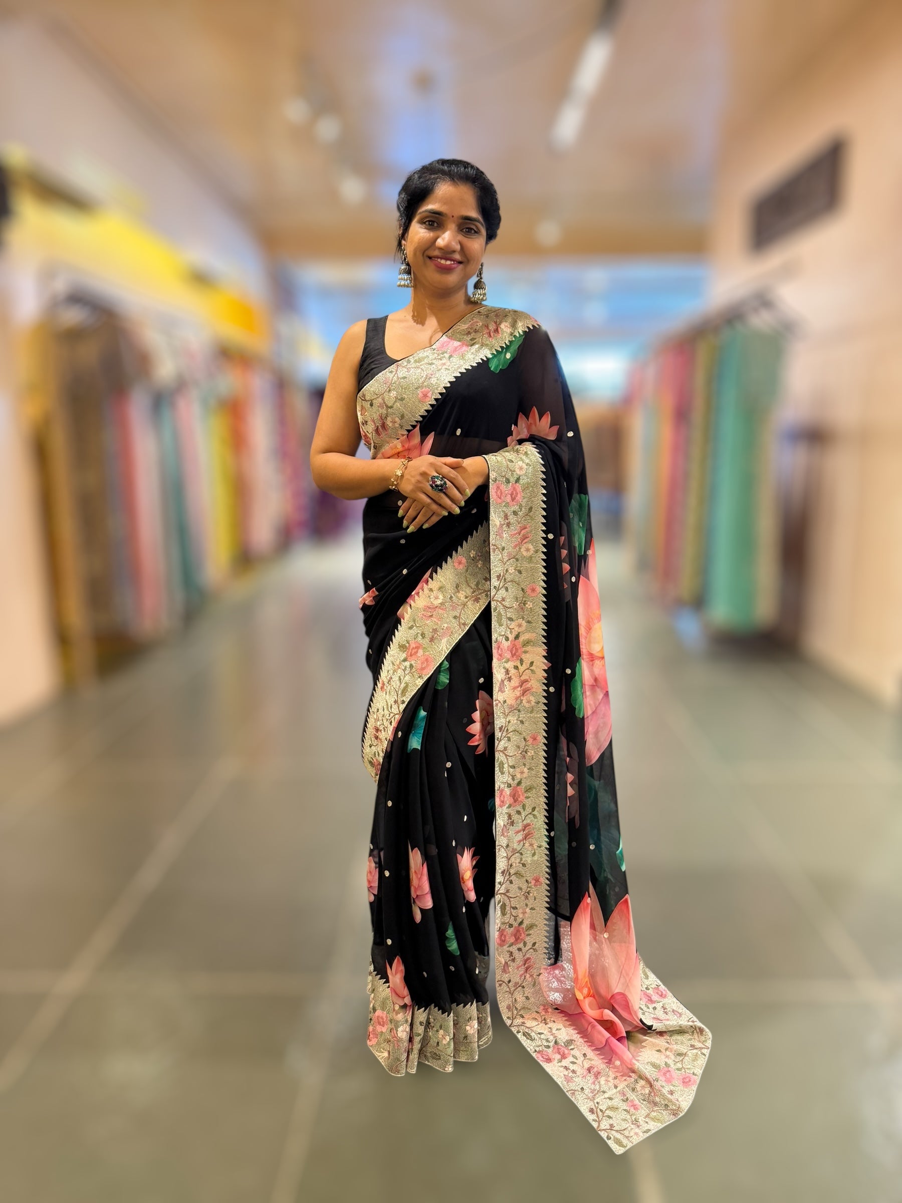 Black Printed Gorgette Saree With Tissue Embroider Border
