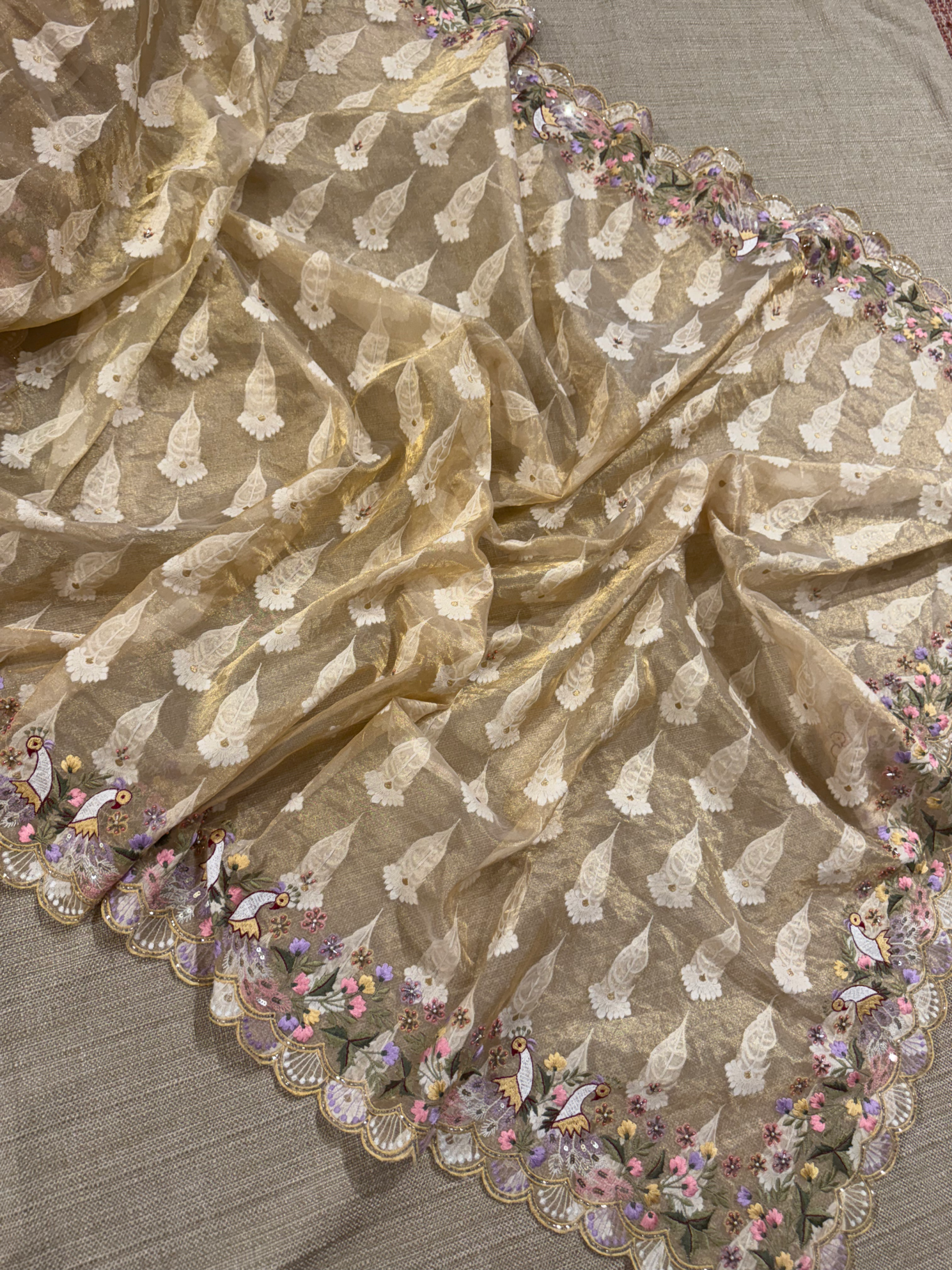 GTEA2002 : Pure Handloom Gold Tissue Saree With handwork borders and blouse
