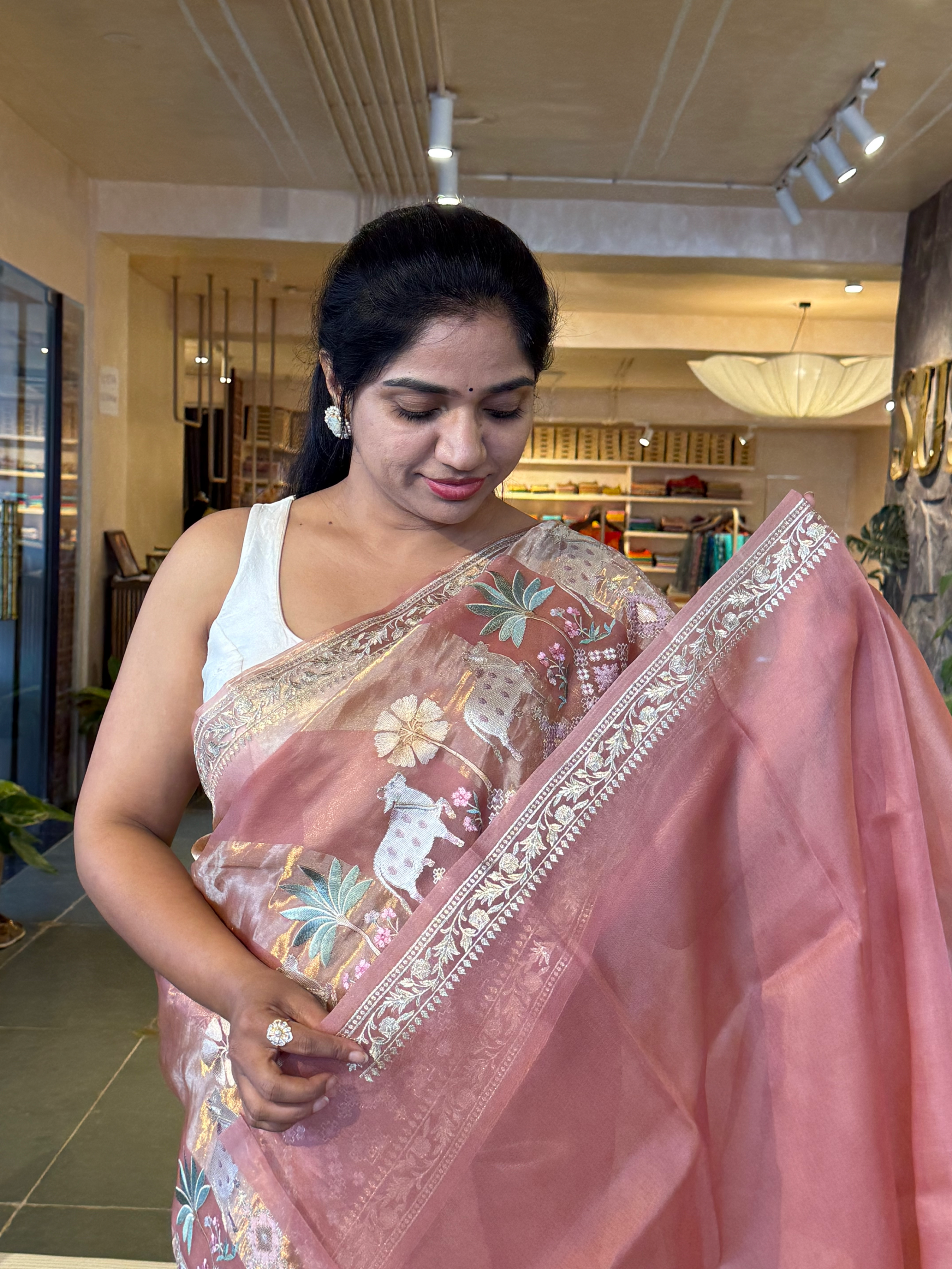 Onion Pink Kora Tissue Stripes with Pichwai & Jamdani Inspired Embroidery