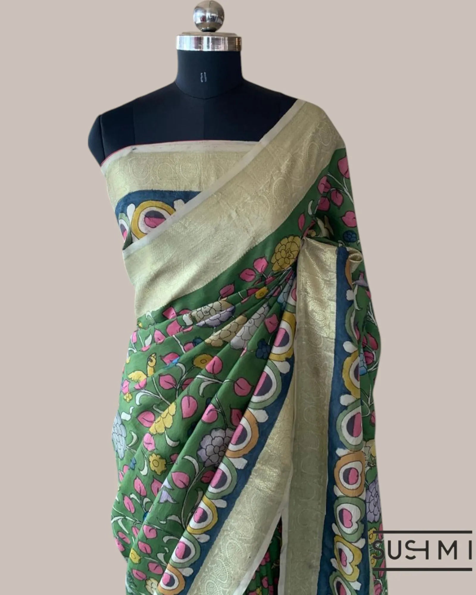 Green Kanchi Pen kalamkari handpainted saree with heavy borders