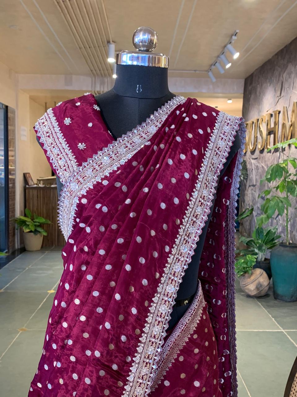 Wine Satin Gorgette Saree with Handwork border and blouse and allover zari butis