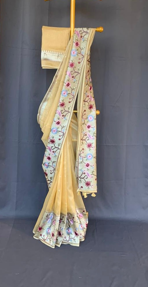 KTPA1413 Besan Yellow Kota Tissue Stripes Saree wth Tissue Pythani Skirt Border