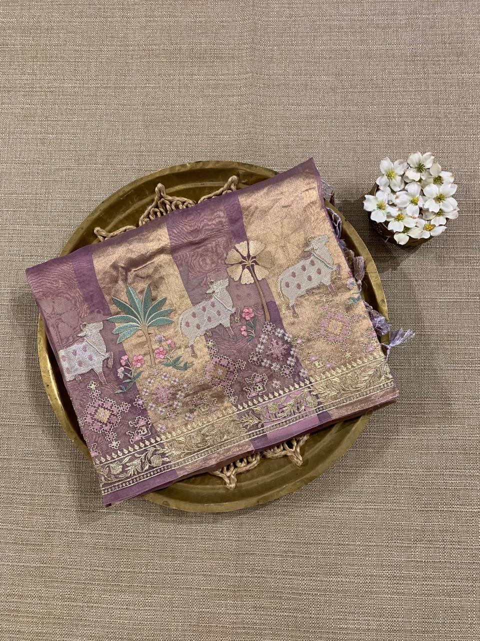 Dusty Lavender Kora Tissue Stripes with Pichwai & Jamdani Inspired Embroidery