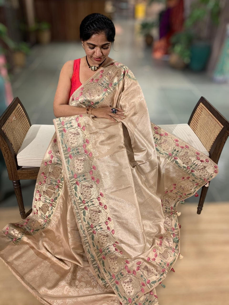 Wheat Tone Kanchi Brocade Saree With Tissue Pichwai Embroidered Border