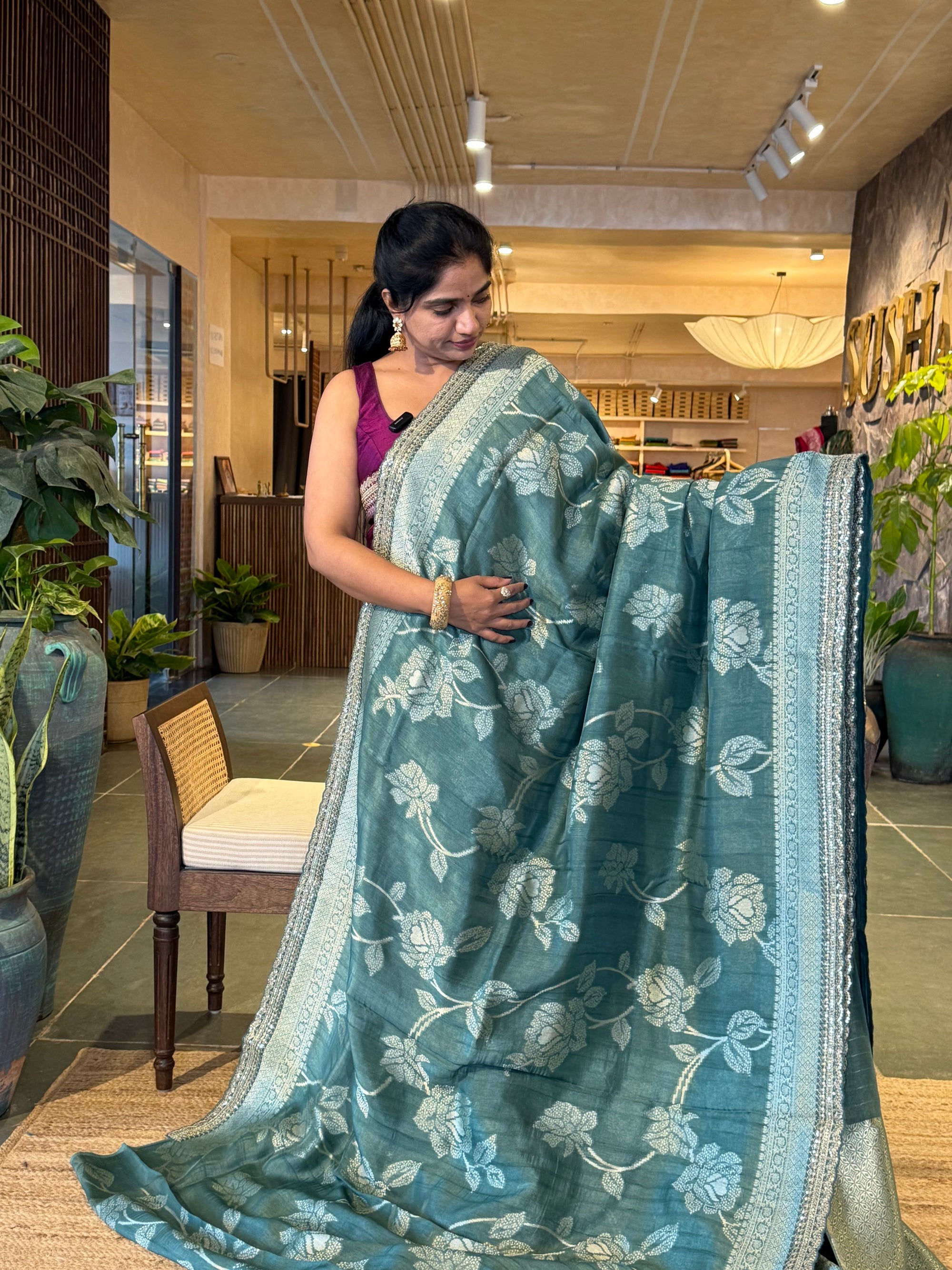 Sage Green Tussar Khaddi Saree wth Allover weaving & sabhyasachi borders STKM15