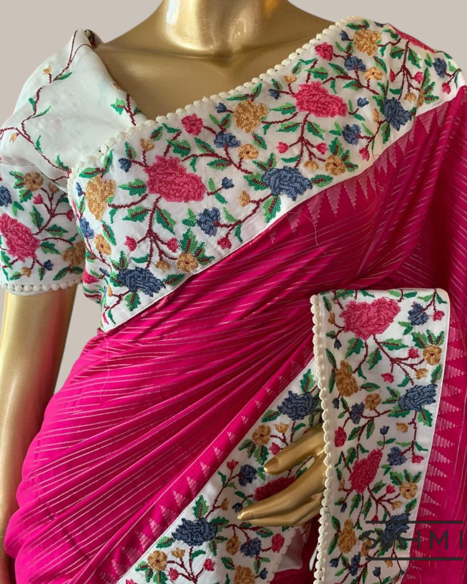 Pink Kanchi Soft Silk Saree With Petite Point Embroidered Border Pallu & Blouse