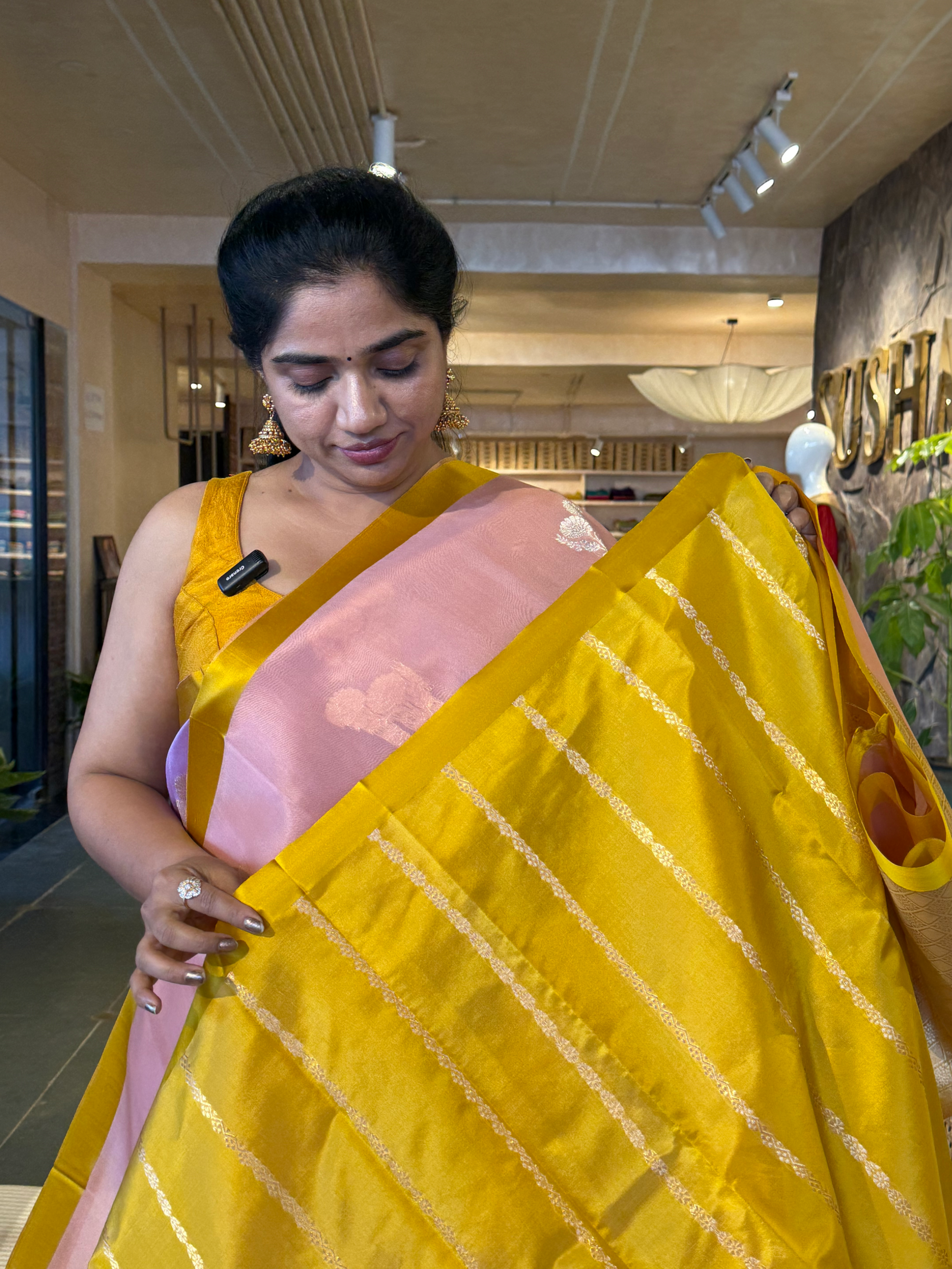 Peach Pink Pure Handloom kora banarasi saree with contrast Mashru  Silk Border