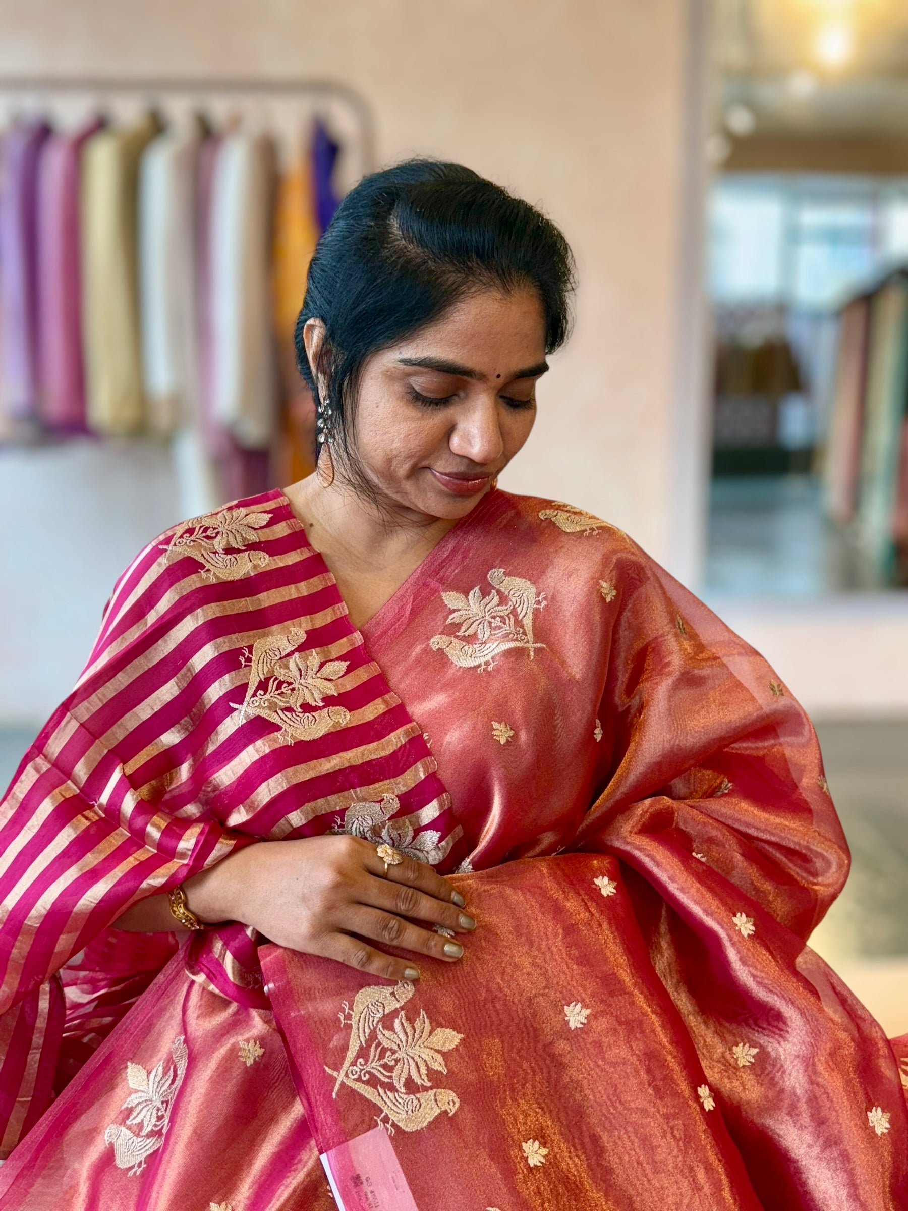 Pink Handloom Tissue Saree With Bird Embroidered Border & Stripes Tissue BP