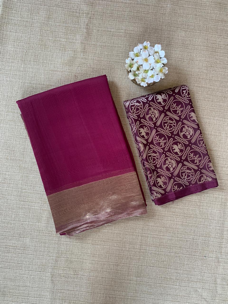 Wine Tussar Kora Saree With Tissue Border & Pallu Paired With Brocade Blouse