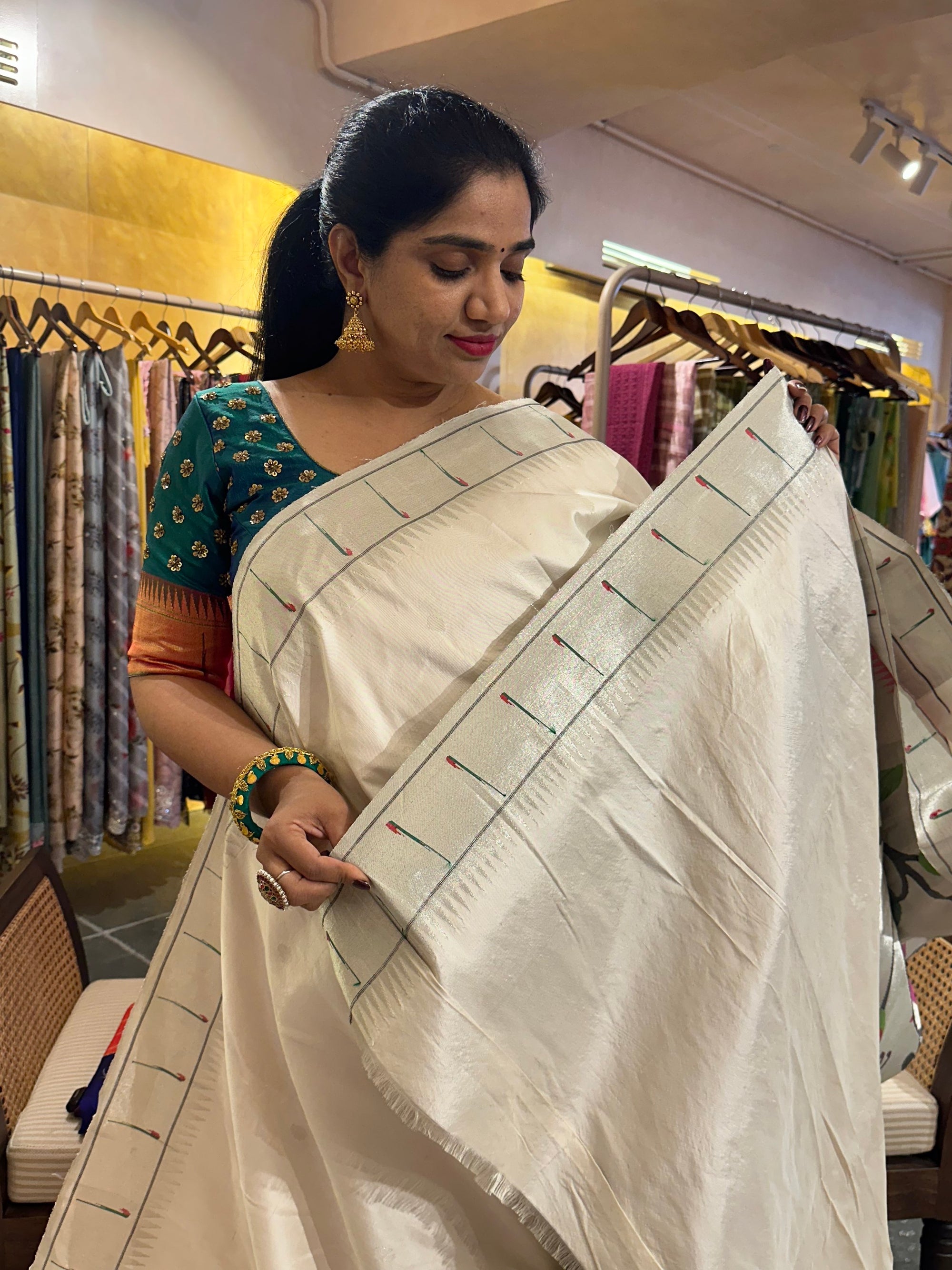 White Pure Handloom Half allover Paithani Saree