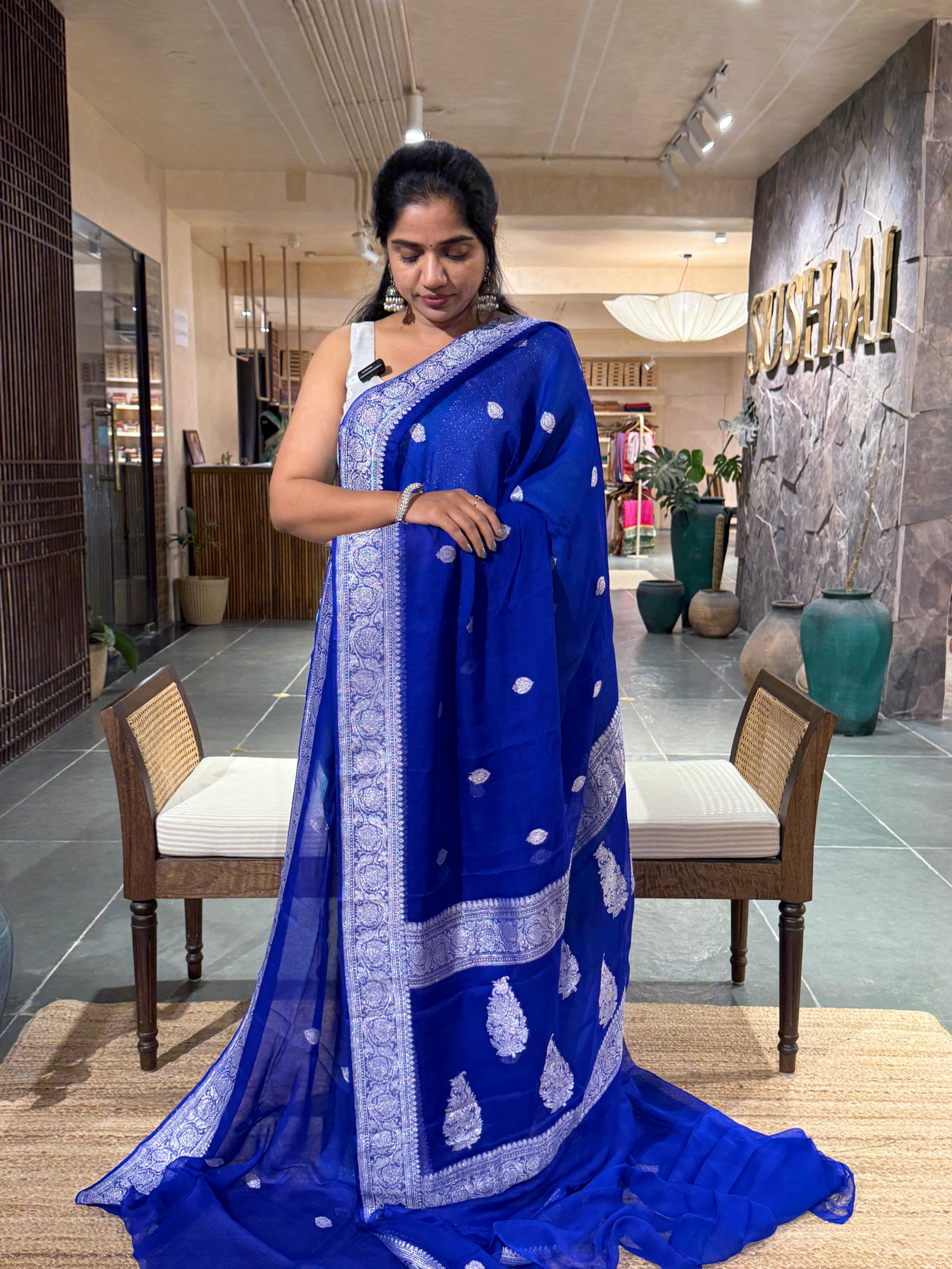 Royal Blue Banarasi Handloom Khaddi Chiffon Saree with silver