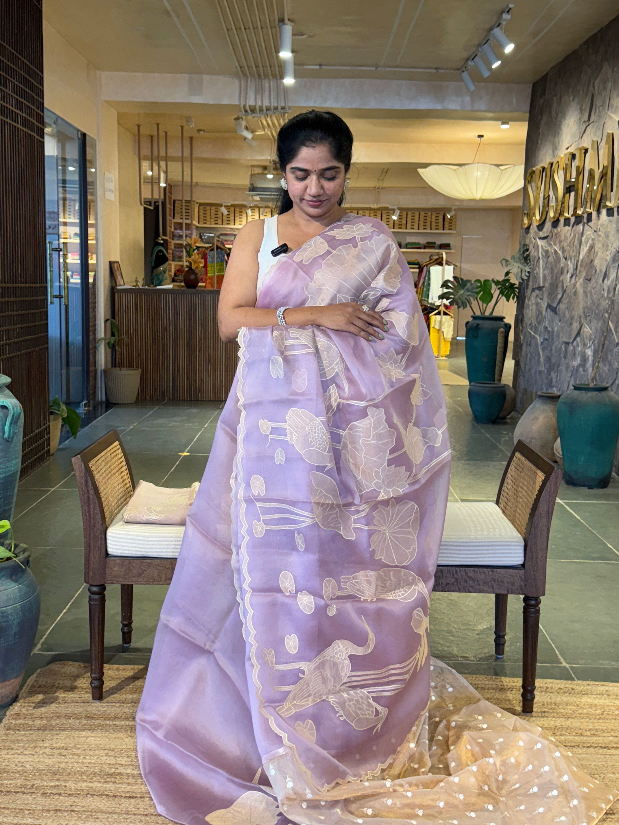 Lilac Pure Organza Designer Saree with Allover Tissue Applique Embroidery