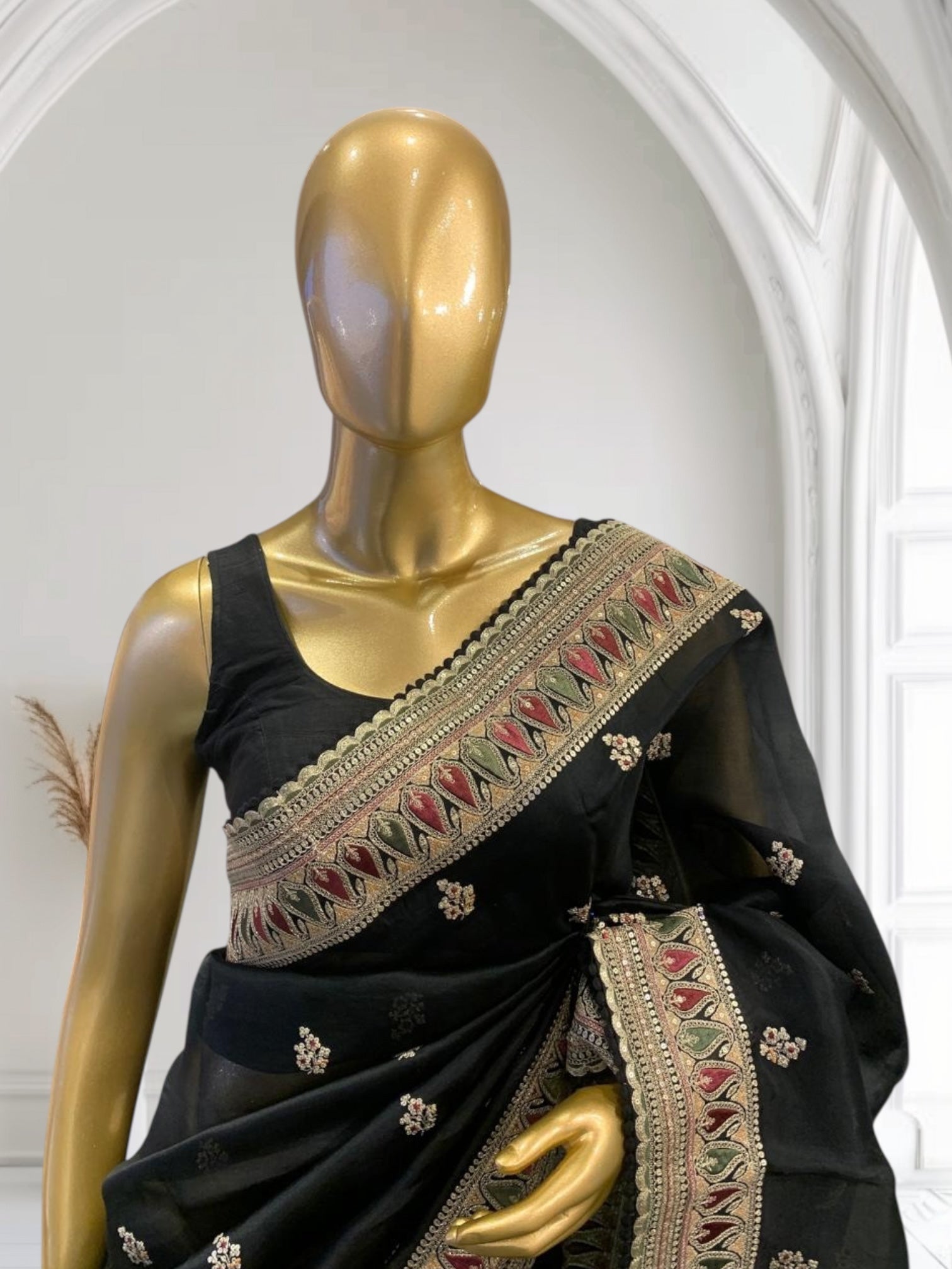 Luxe Black Organza Saree with Sabyasachi-Inspired Border & Blouse