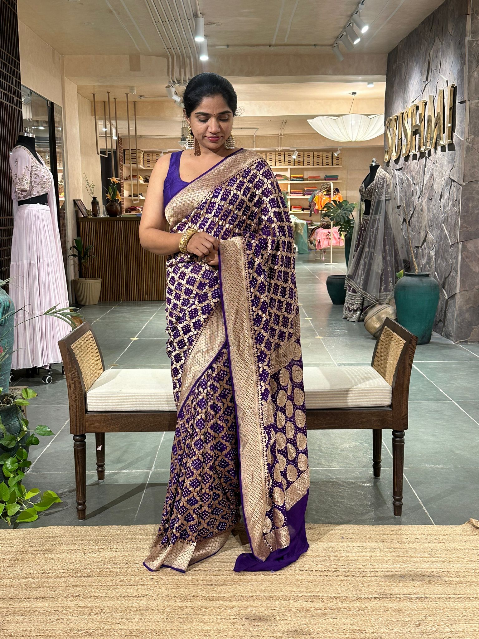 Purple blue banarsi khaddi georgette handmade bandhej work